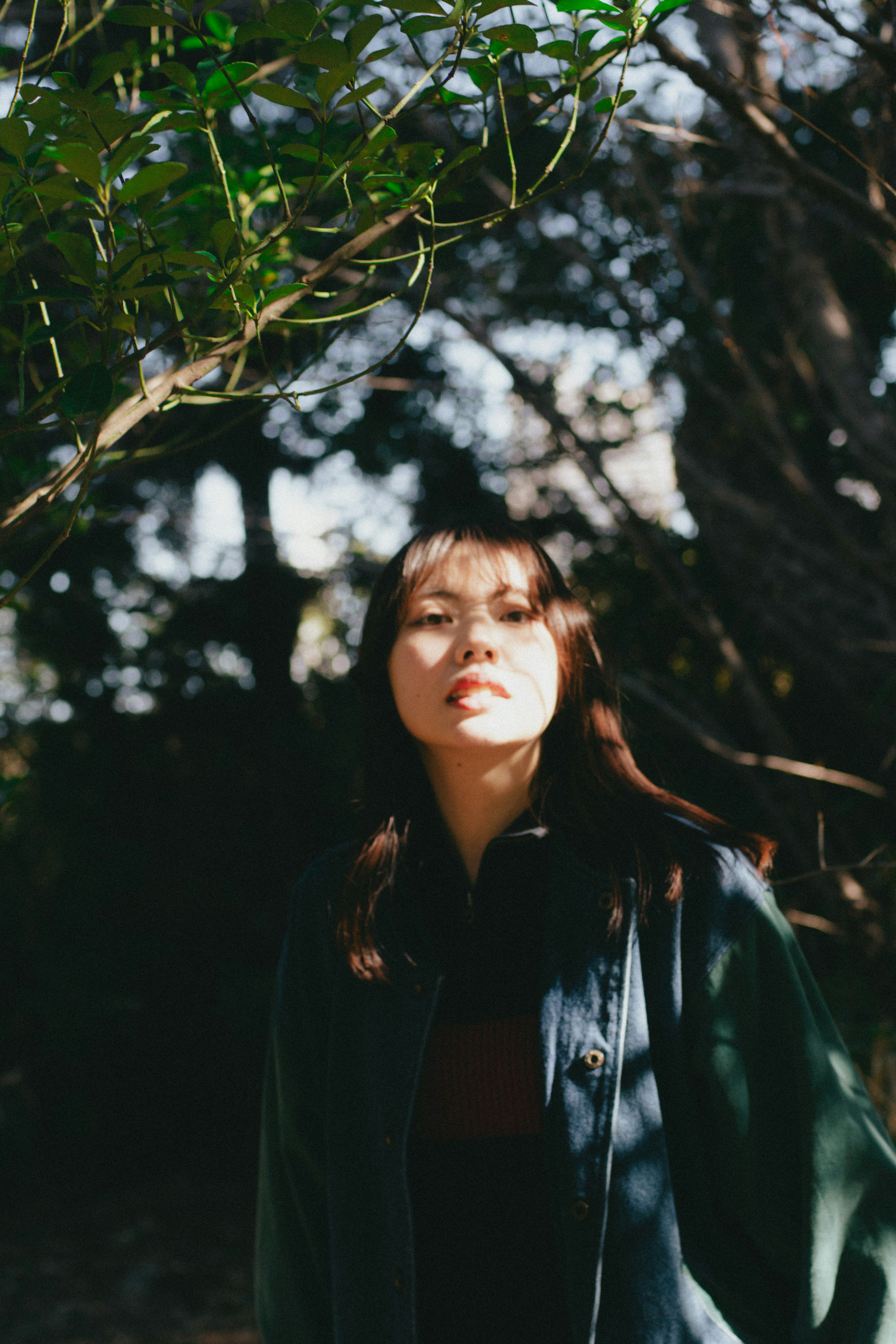 Portrait d'une femme entourée de feuilles vertes Lumière naturelle illuminant son visage