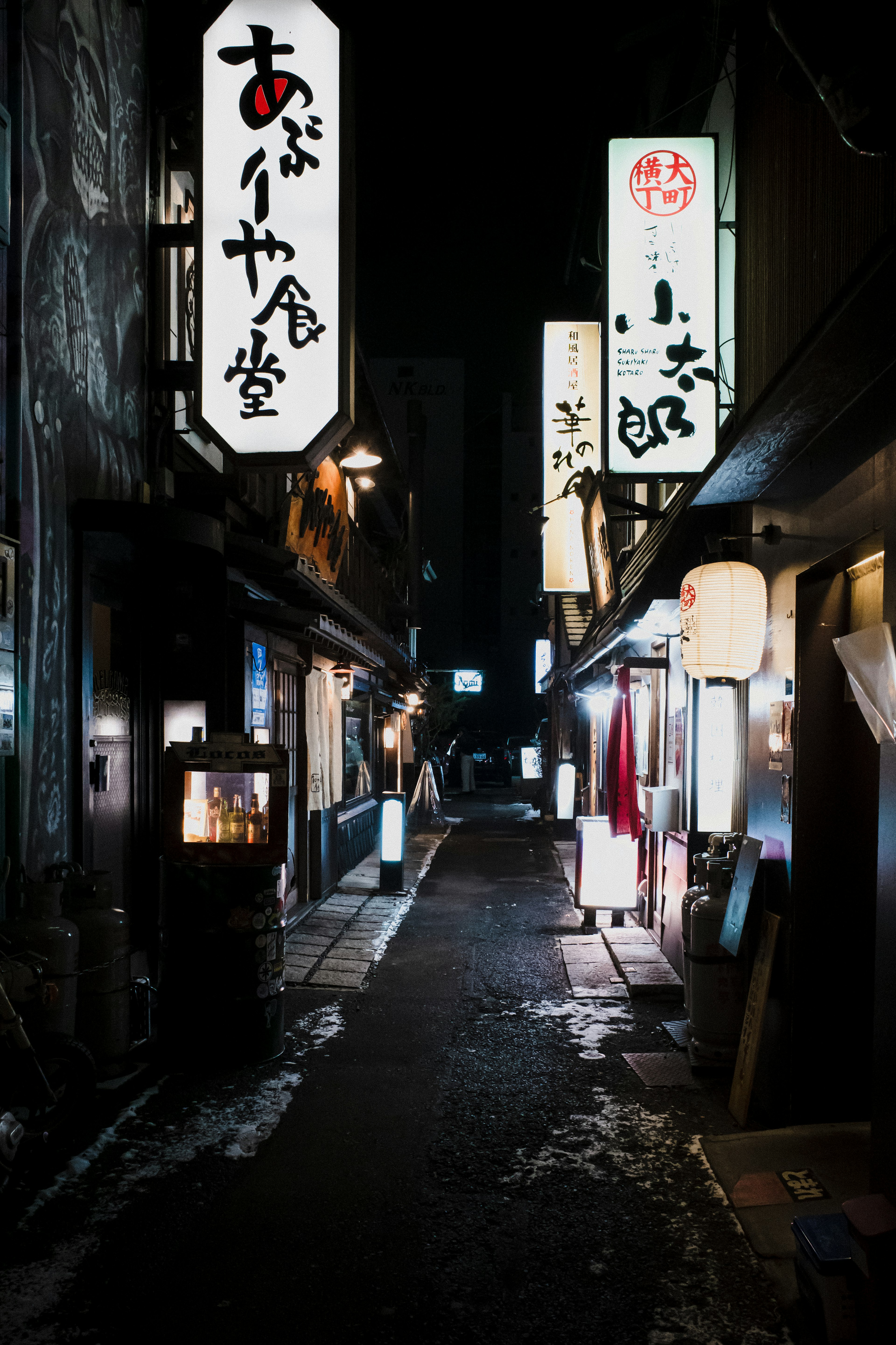 夜の日本の小道に並ぶ飲食店の看板