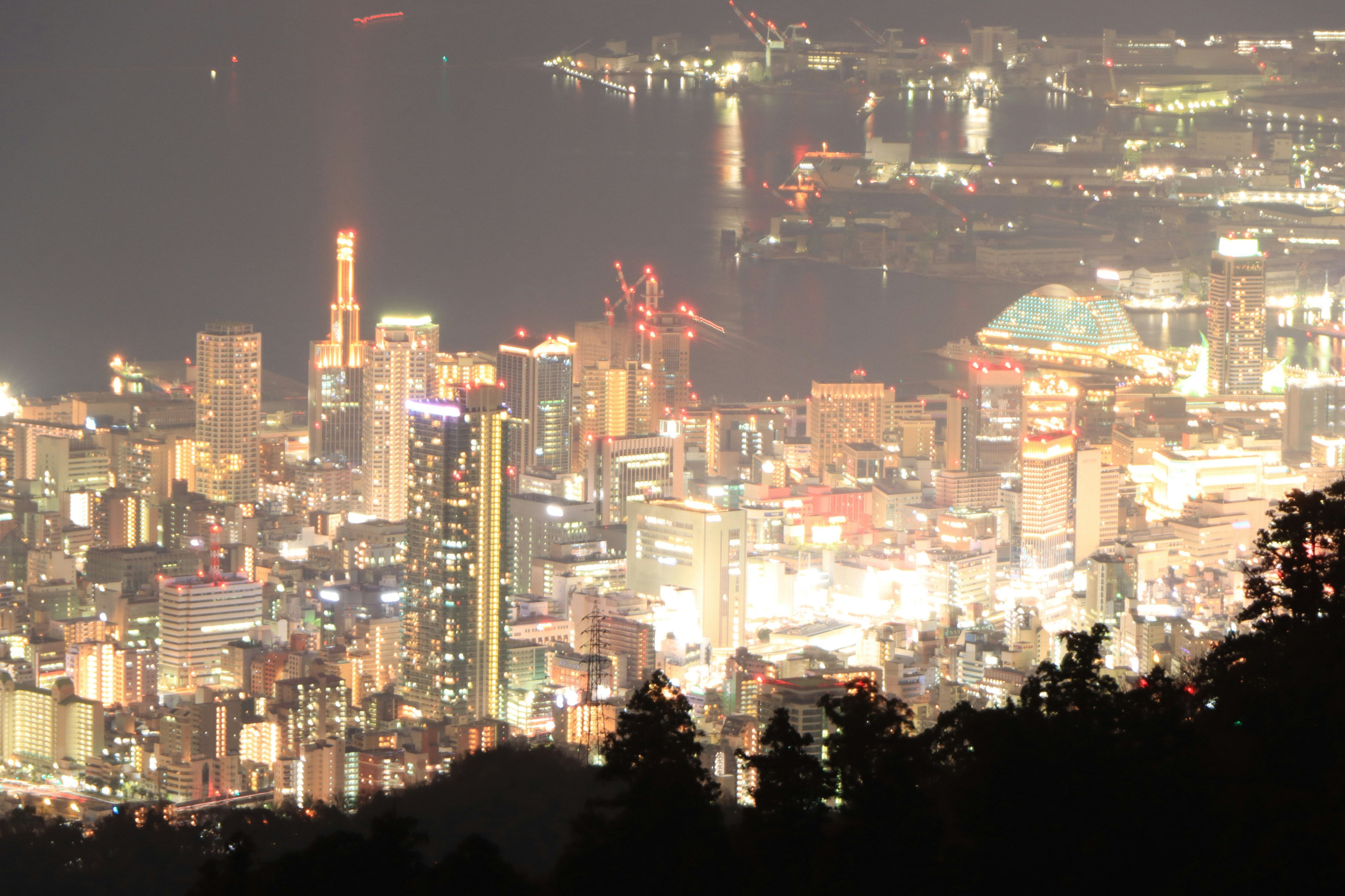 Night view of a city skyline with bright buildings and waterfront