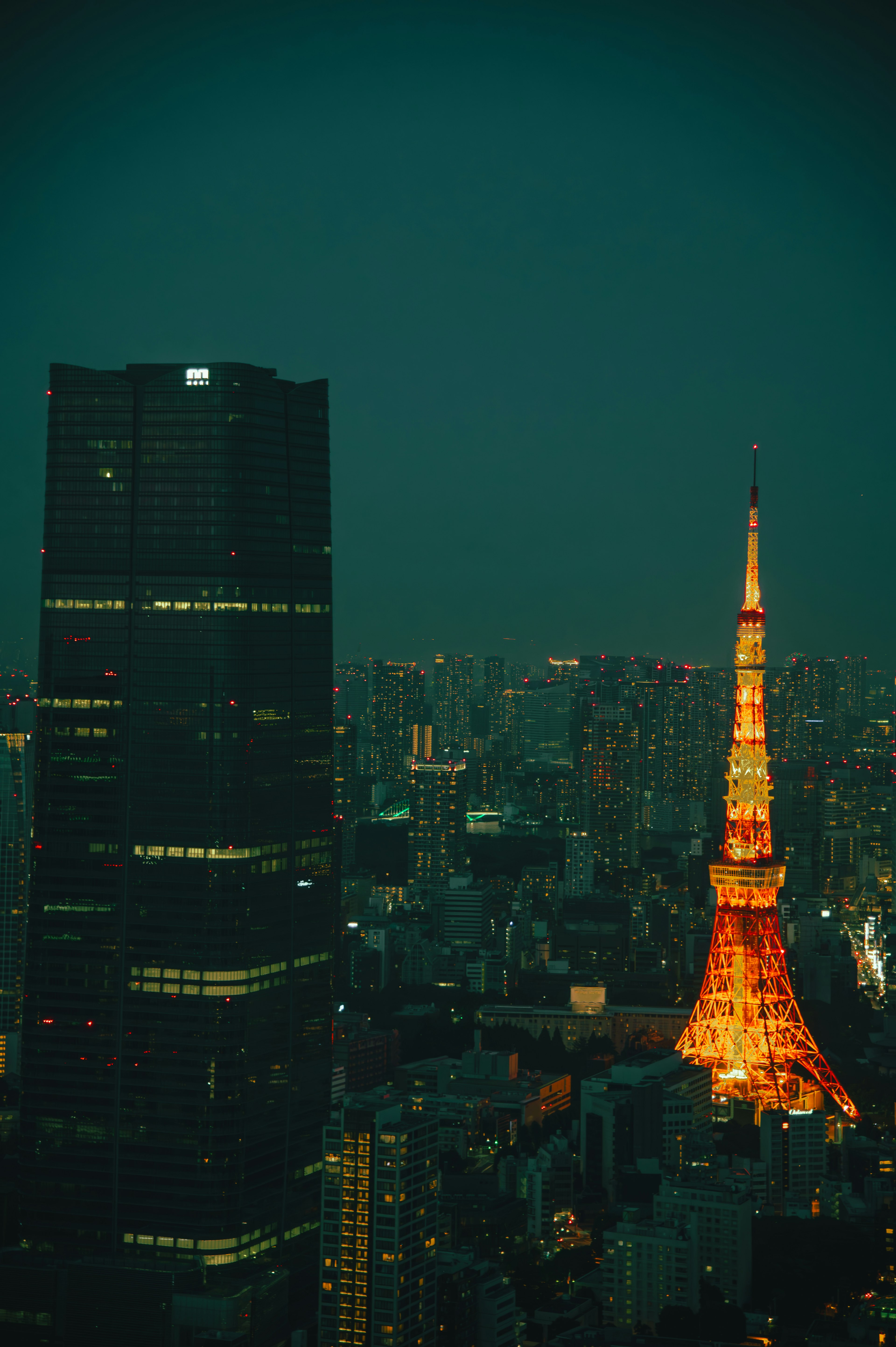 Menara Tokyo yang diterangi di malam hari dengan cakrawala kota