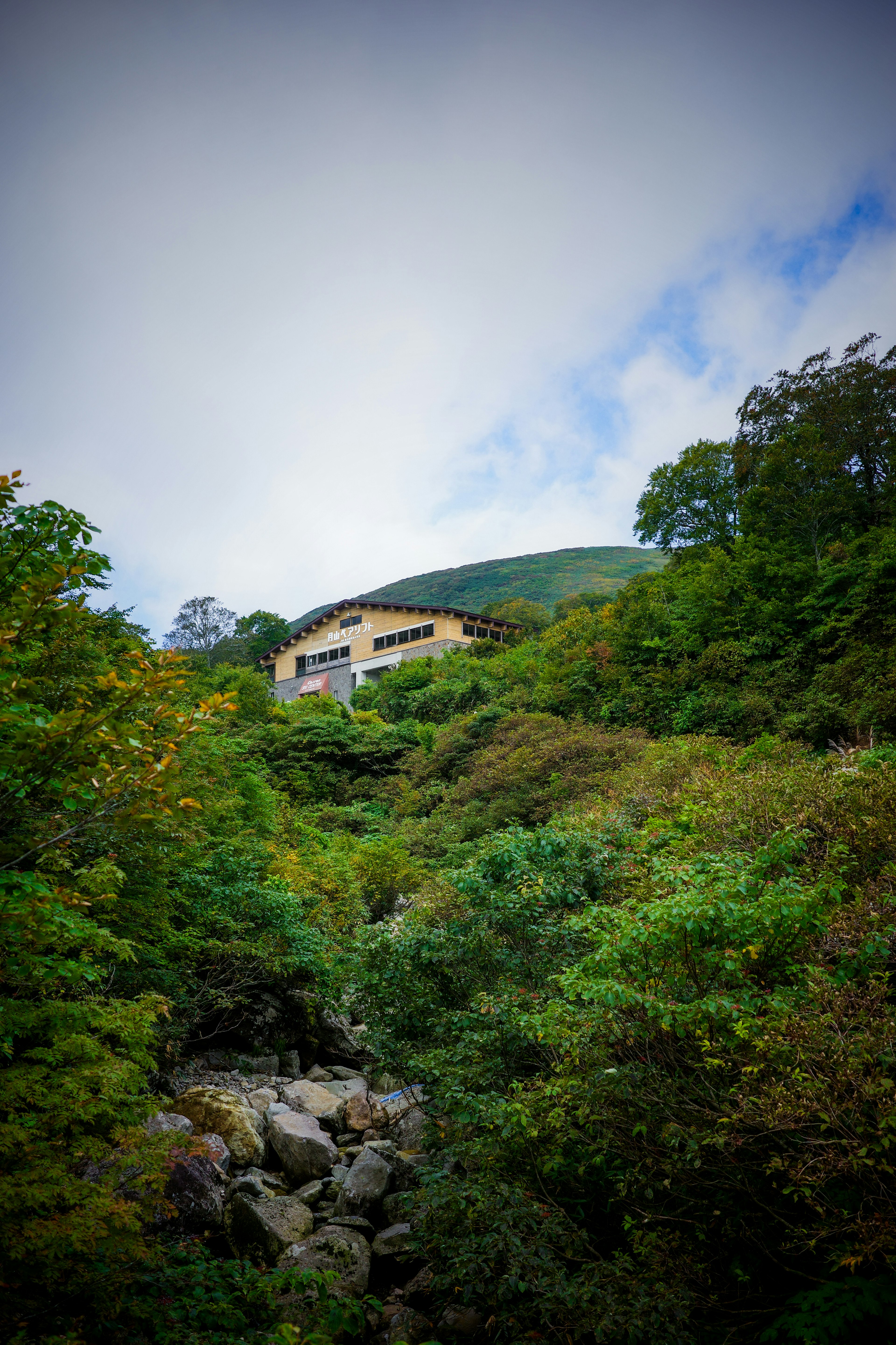 Una vista de un edificio situado en una ladera verde