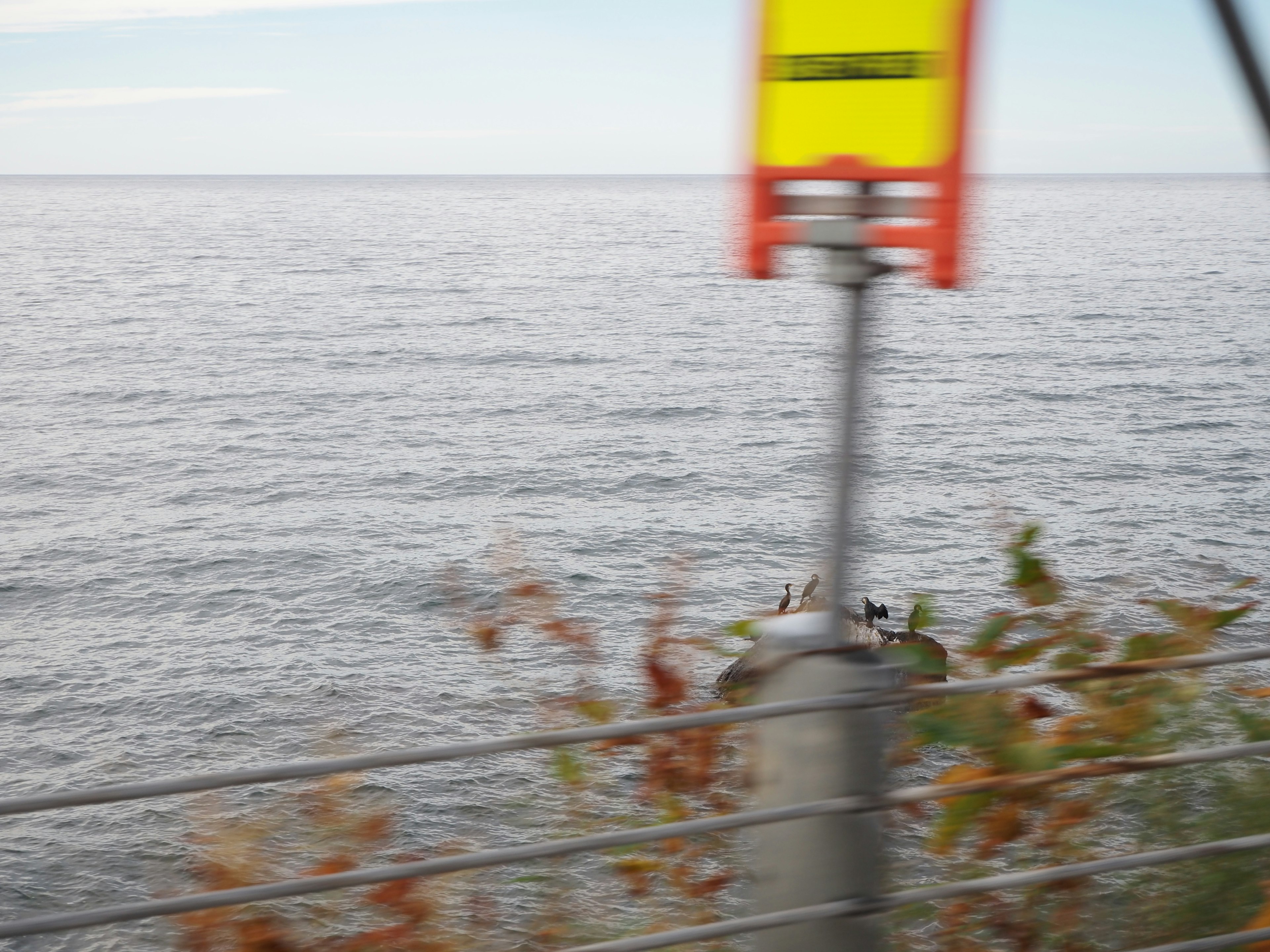 Vista borrosa del mar con una cerca y un cartel amarillo