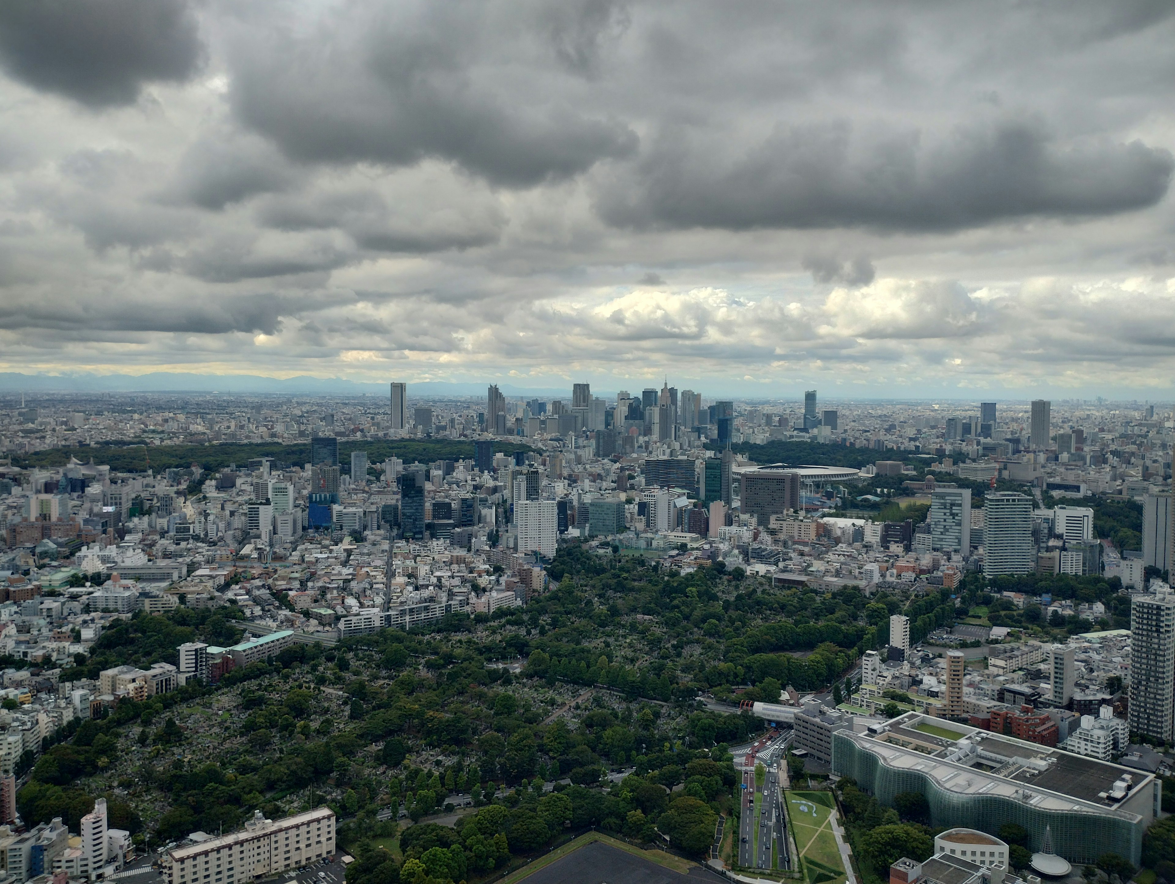 Pemandangan garis langit Tokyo dengan pepohonan di bawah langit mendung