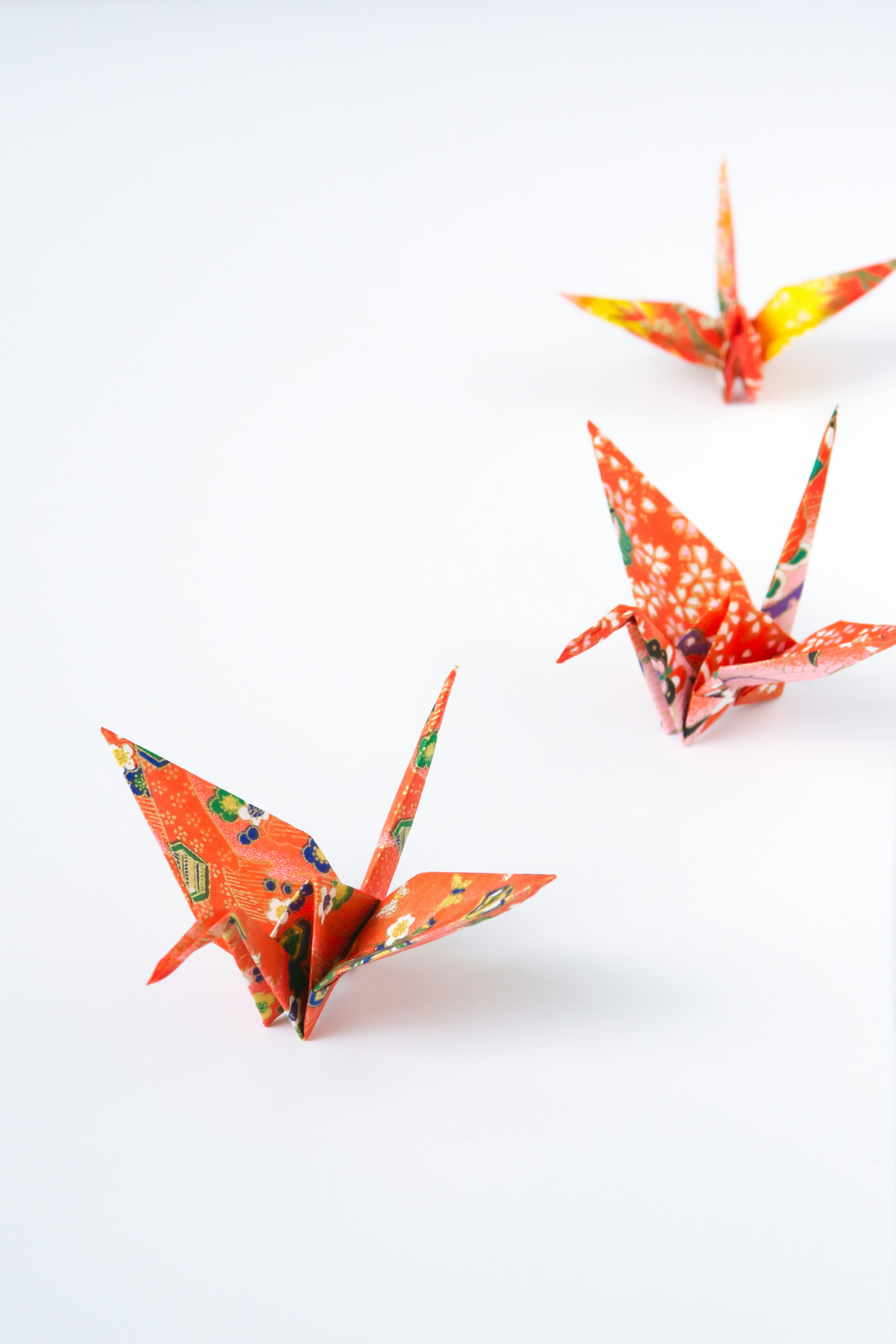 Three vibrant orange origami cranes arranged in a row