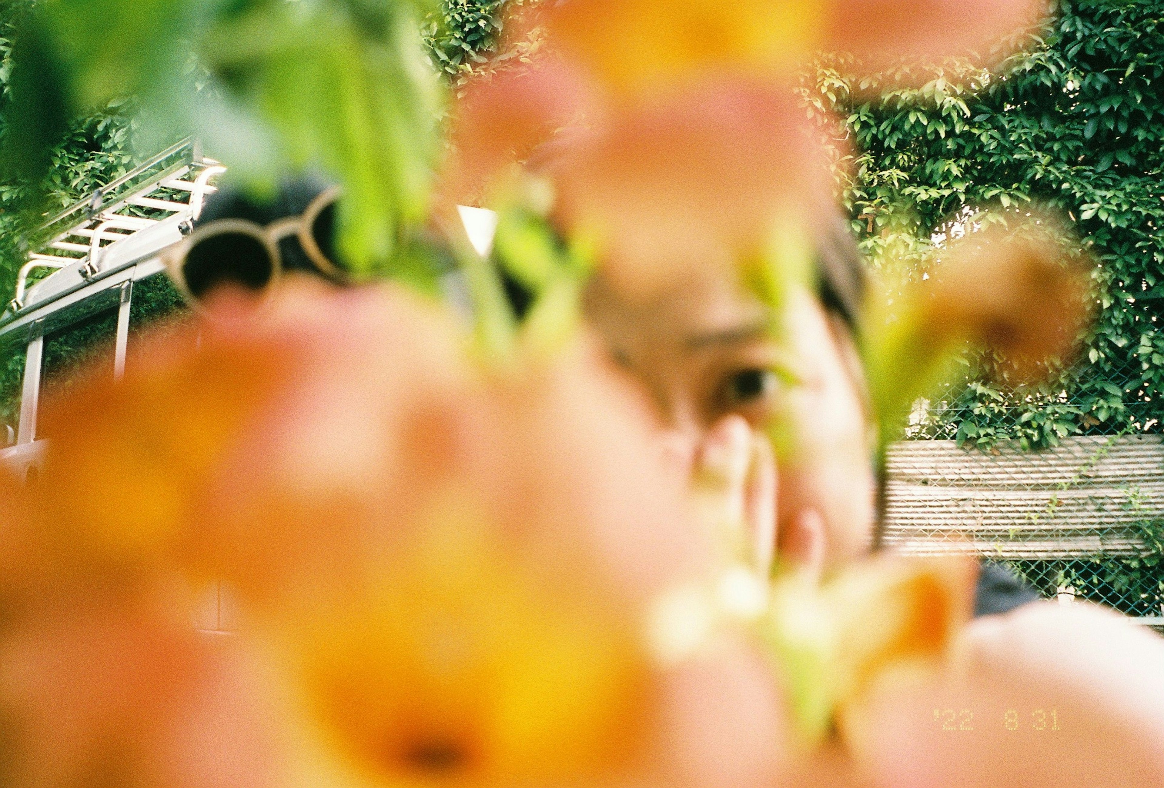 ぼやけたオレンジ色の花の前に立つ人物の顔が見え隠れしている