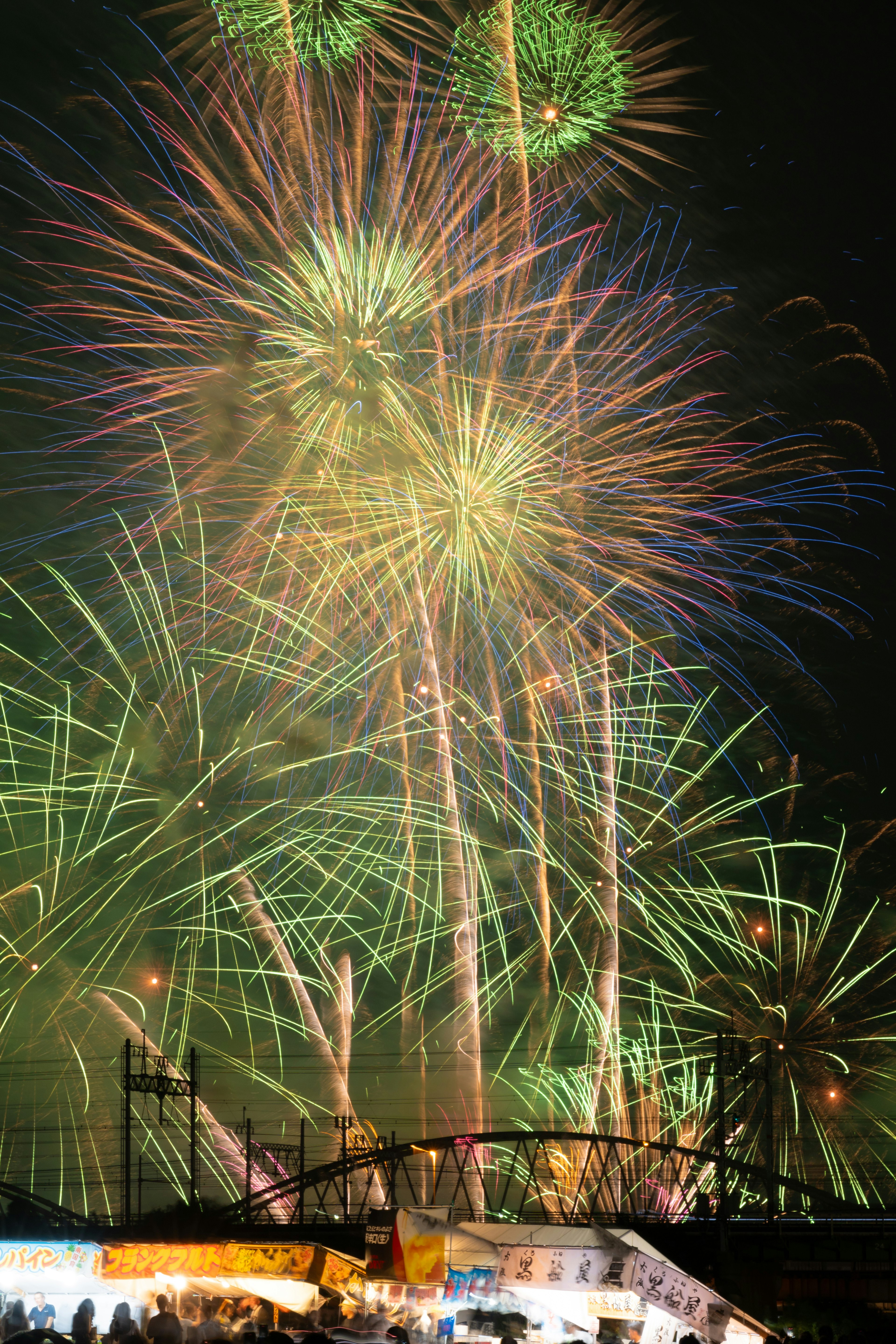 夜空中绽放的五彩烟花与观众的轮廓