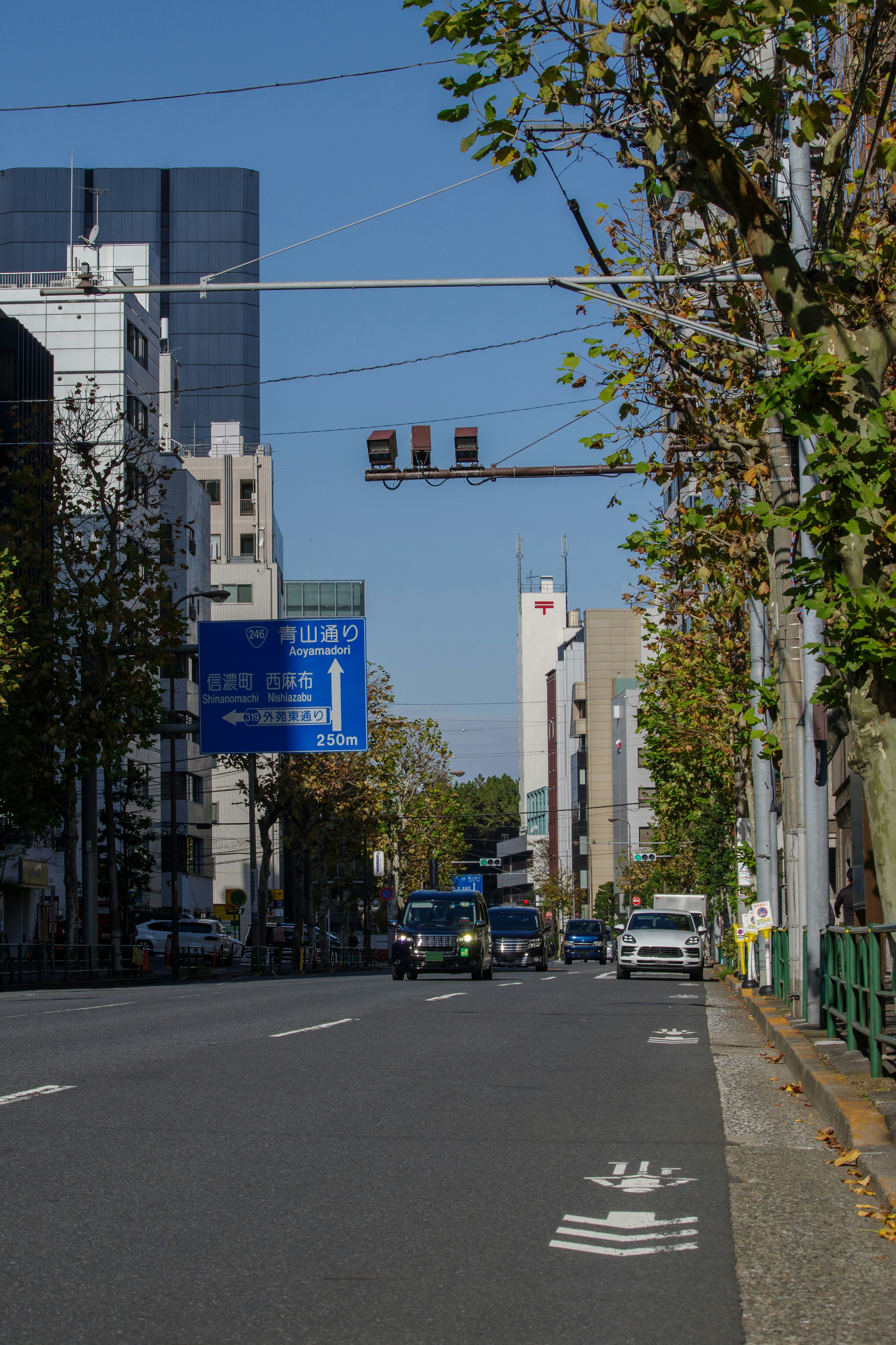 Traffic signals and street signs along an urban road