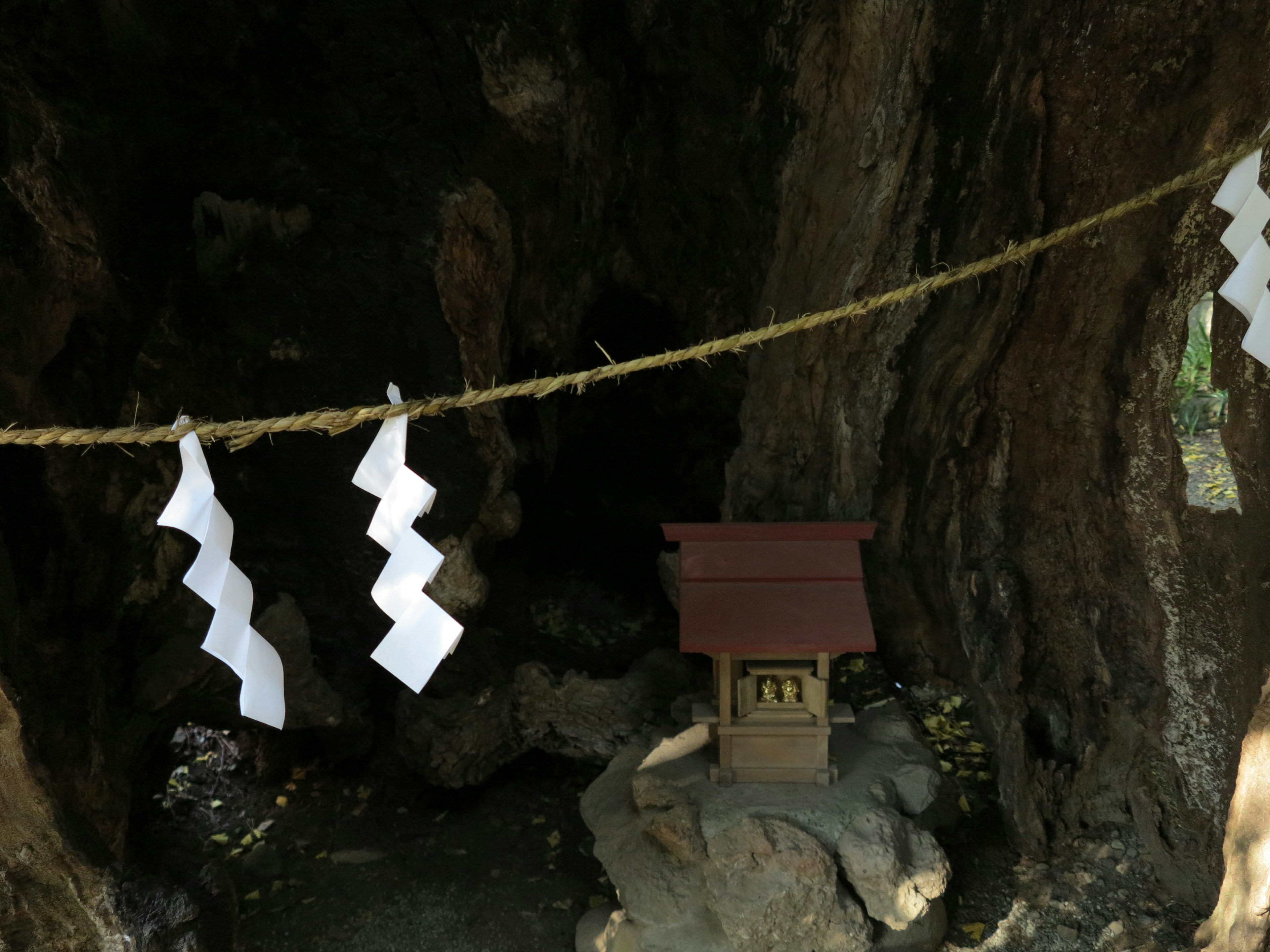 Sacred cave interior featuring a small shrine and shimenawa