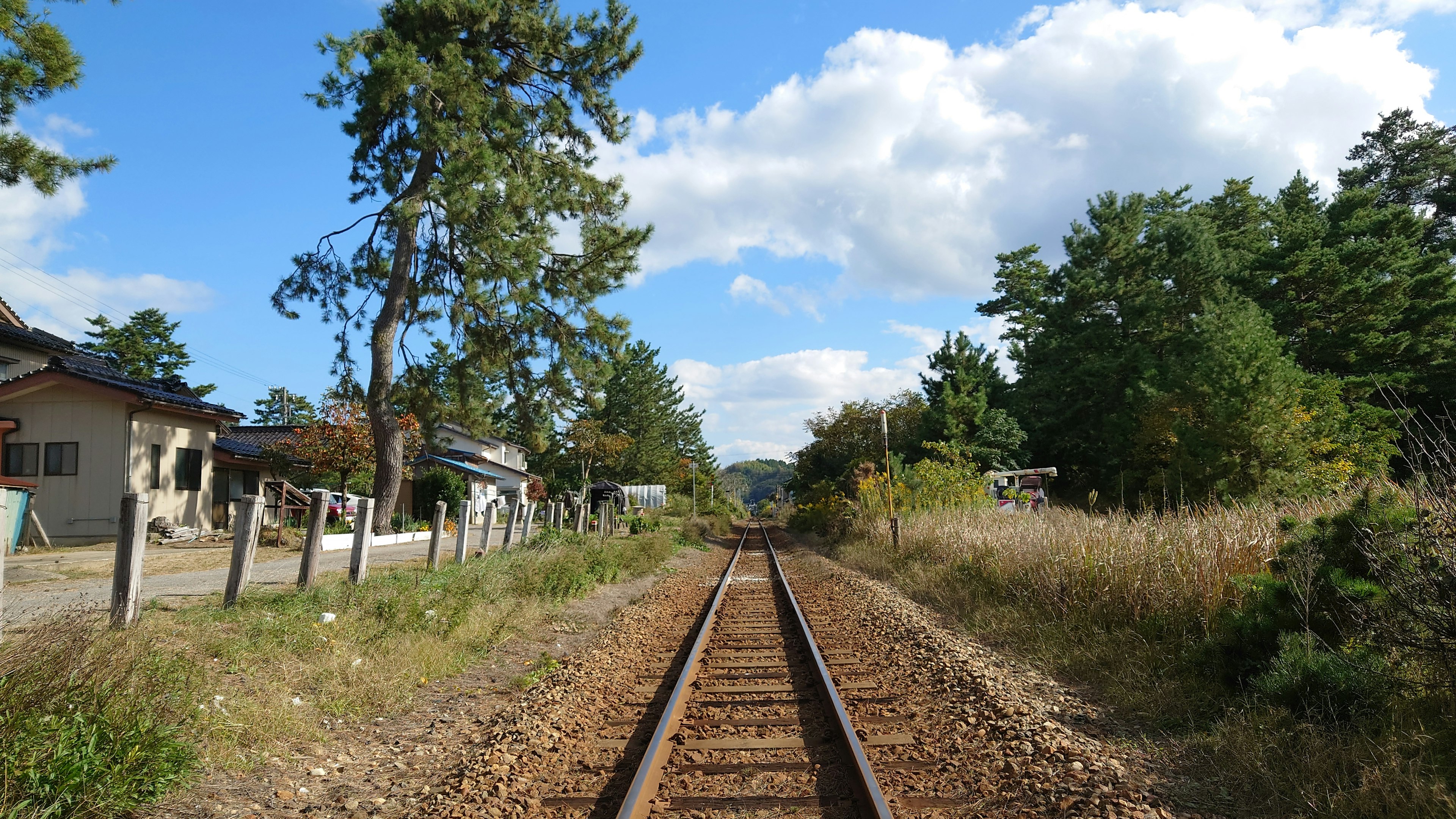 鉄道の線路が続く風景周囲には緑の木々と青空が広がる