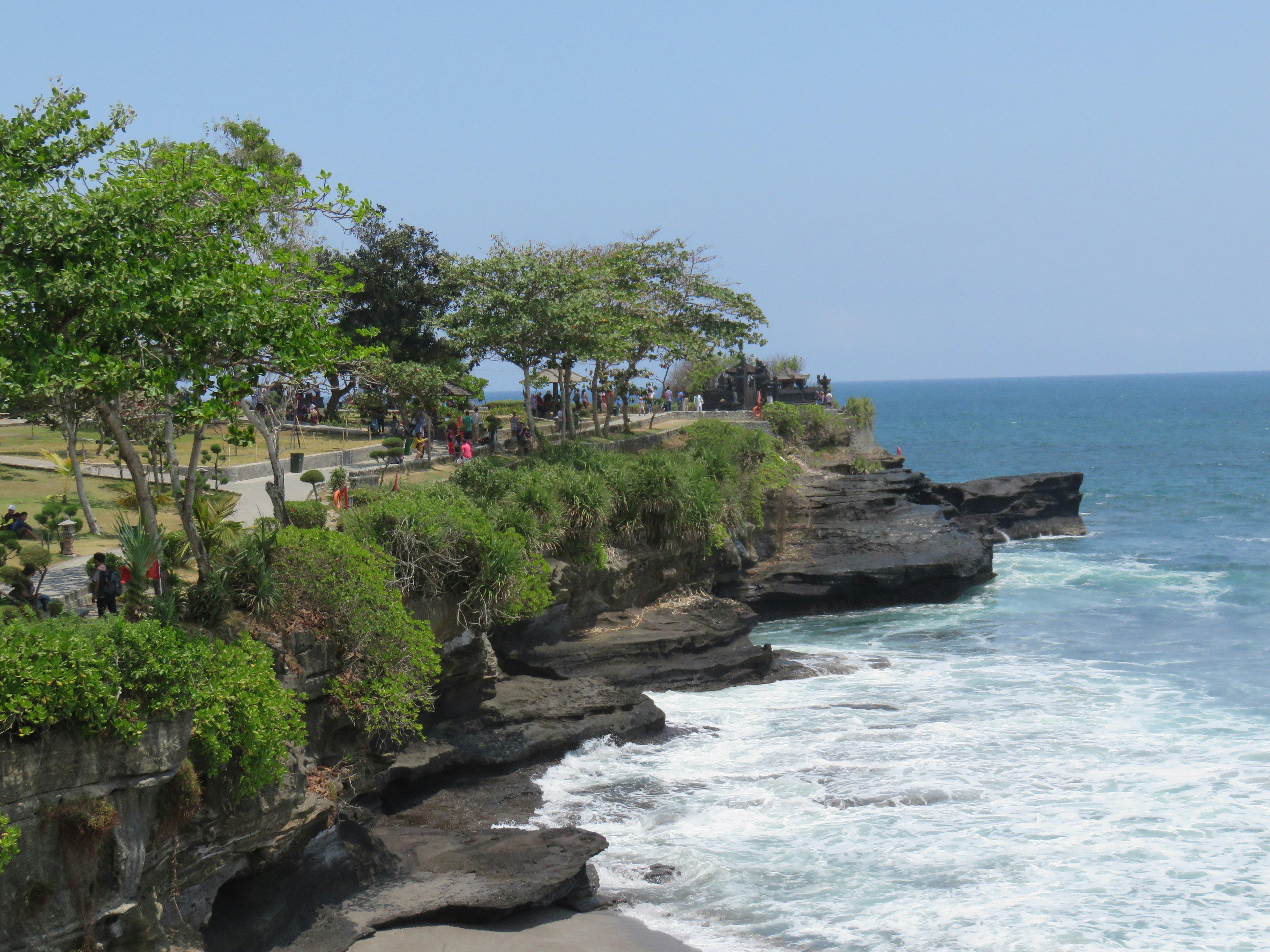 Scenic coastal view with lush greenery and crashing waves