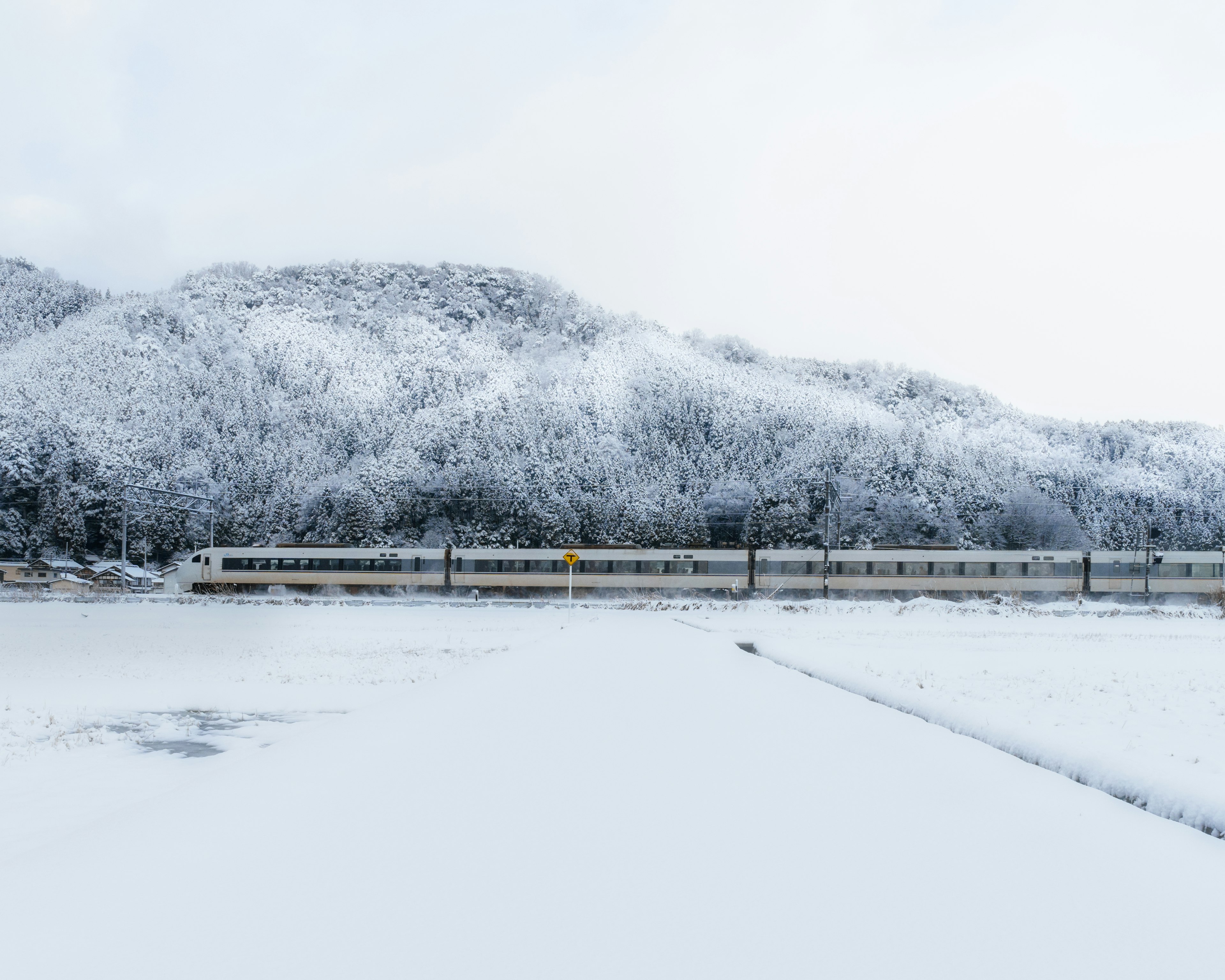 Zug, der durch eine verschneite Landschaft mit Bergen fährt