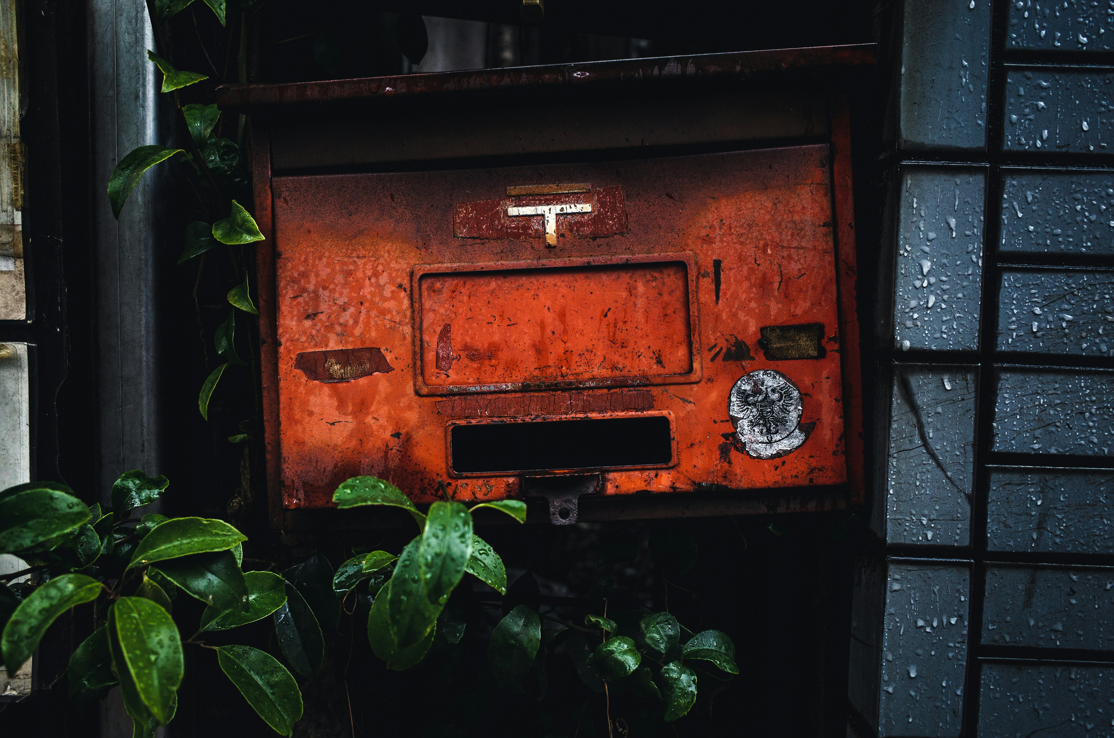 An old red mailbox surrounded by greenery