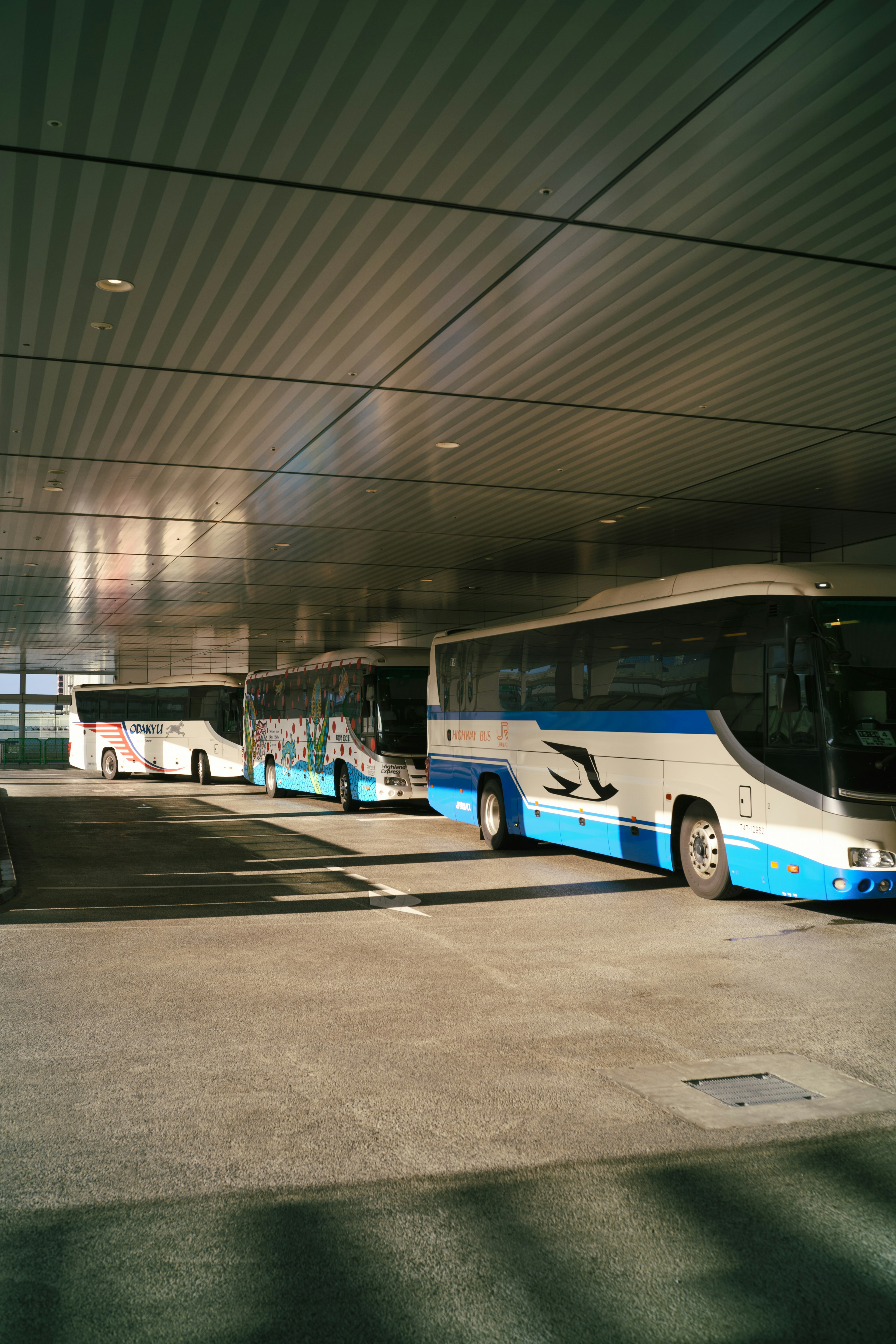 Terminal de autobuses interior con autobuses azules y blancos alineados