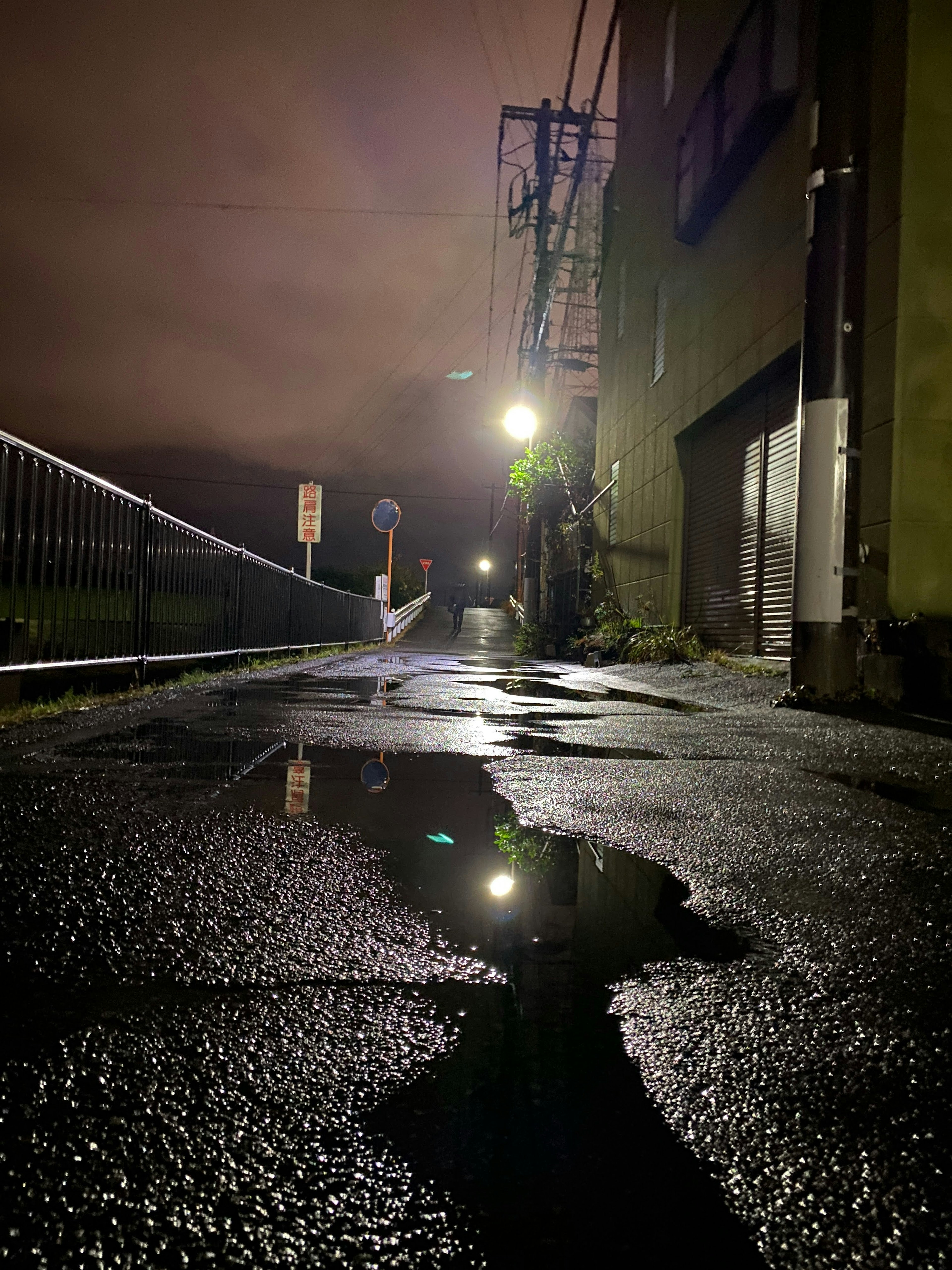 Puddle reflecting streetlight and building in a quiet night alley