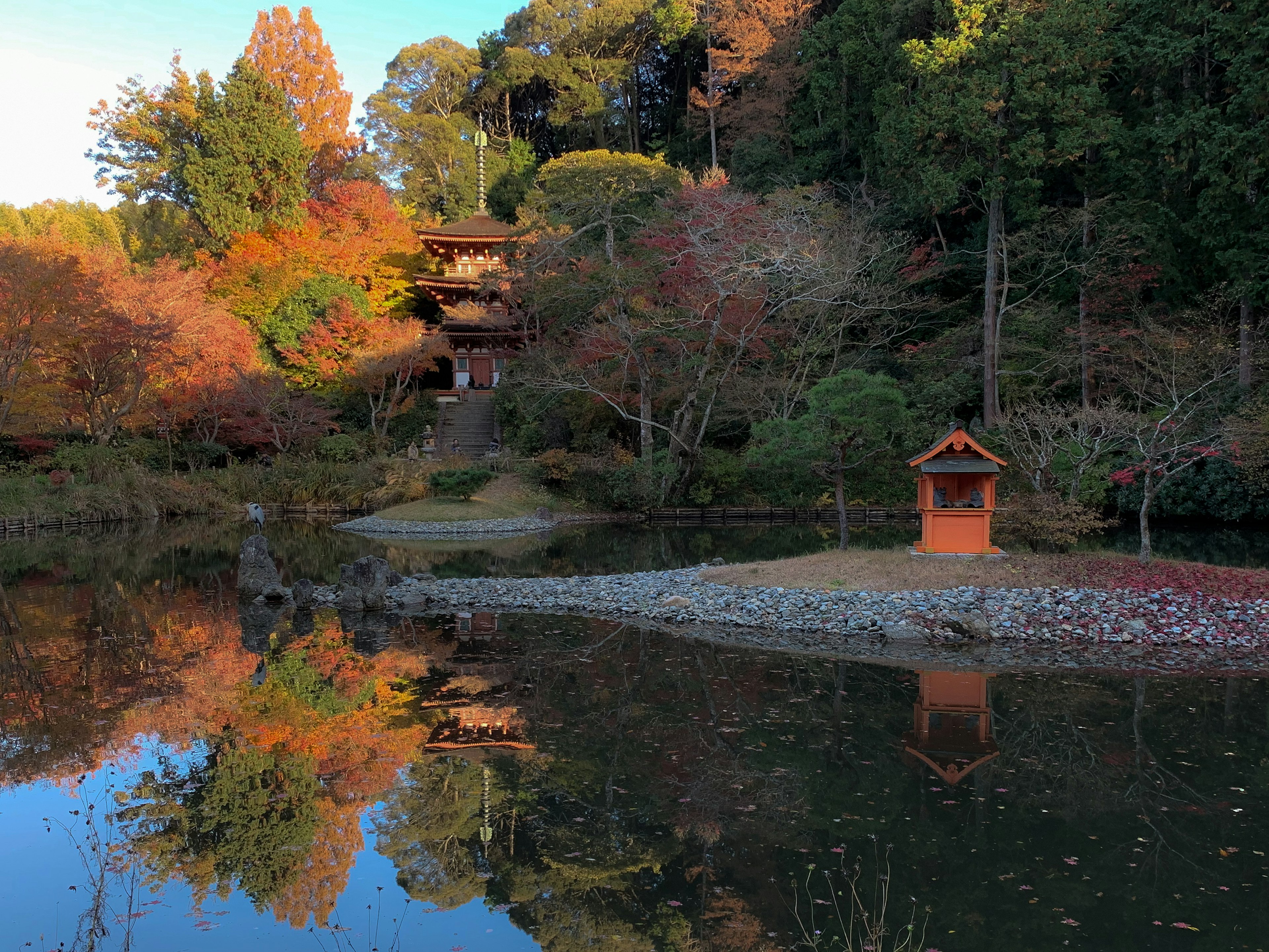 美丽的秋季景色和日本庭园池塘的倒影