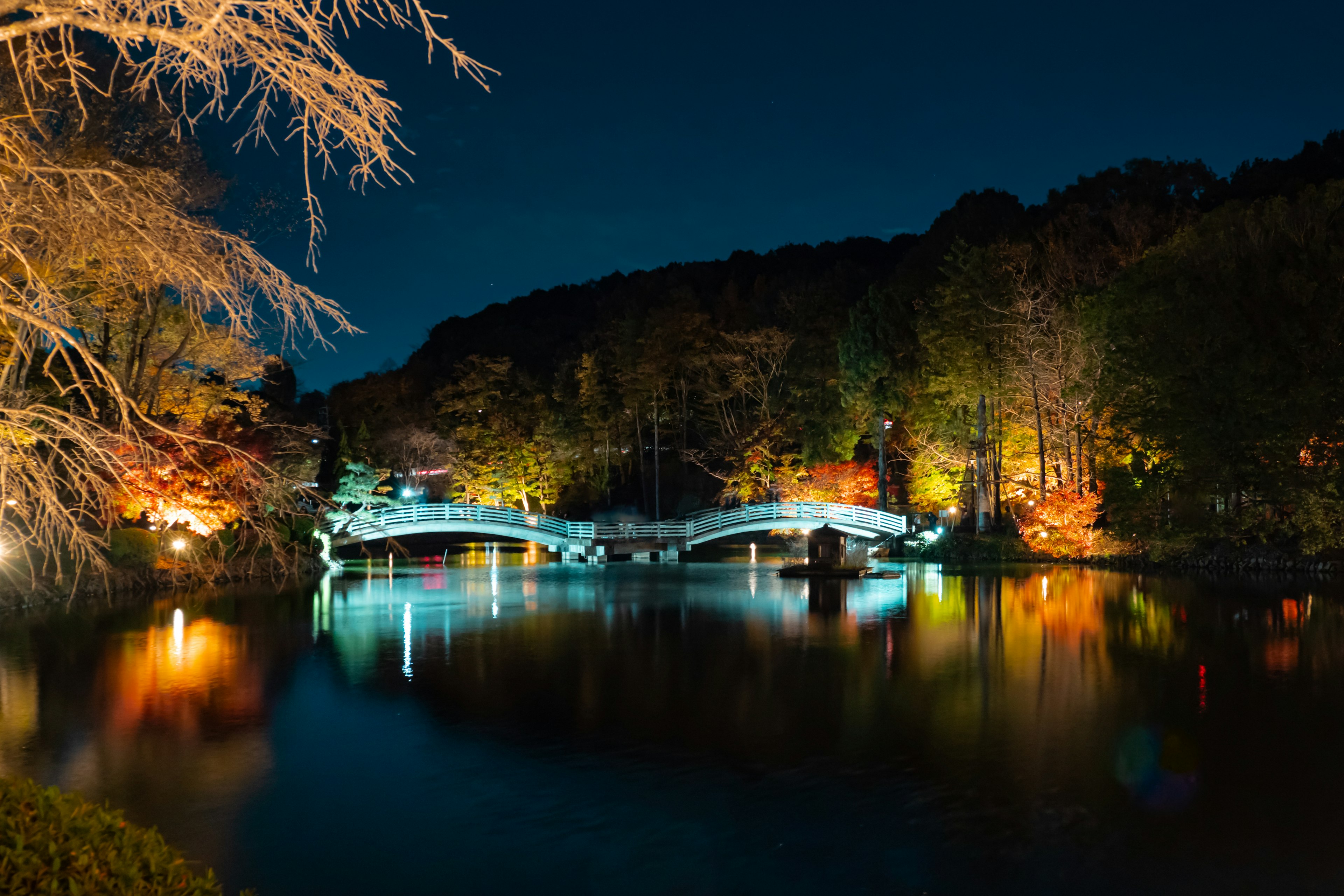 สะพานสวยข้ามทะเลสาบสงบในตอนกลางคืนพร้อมต้นไม้ที่มีแสงสว่าง