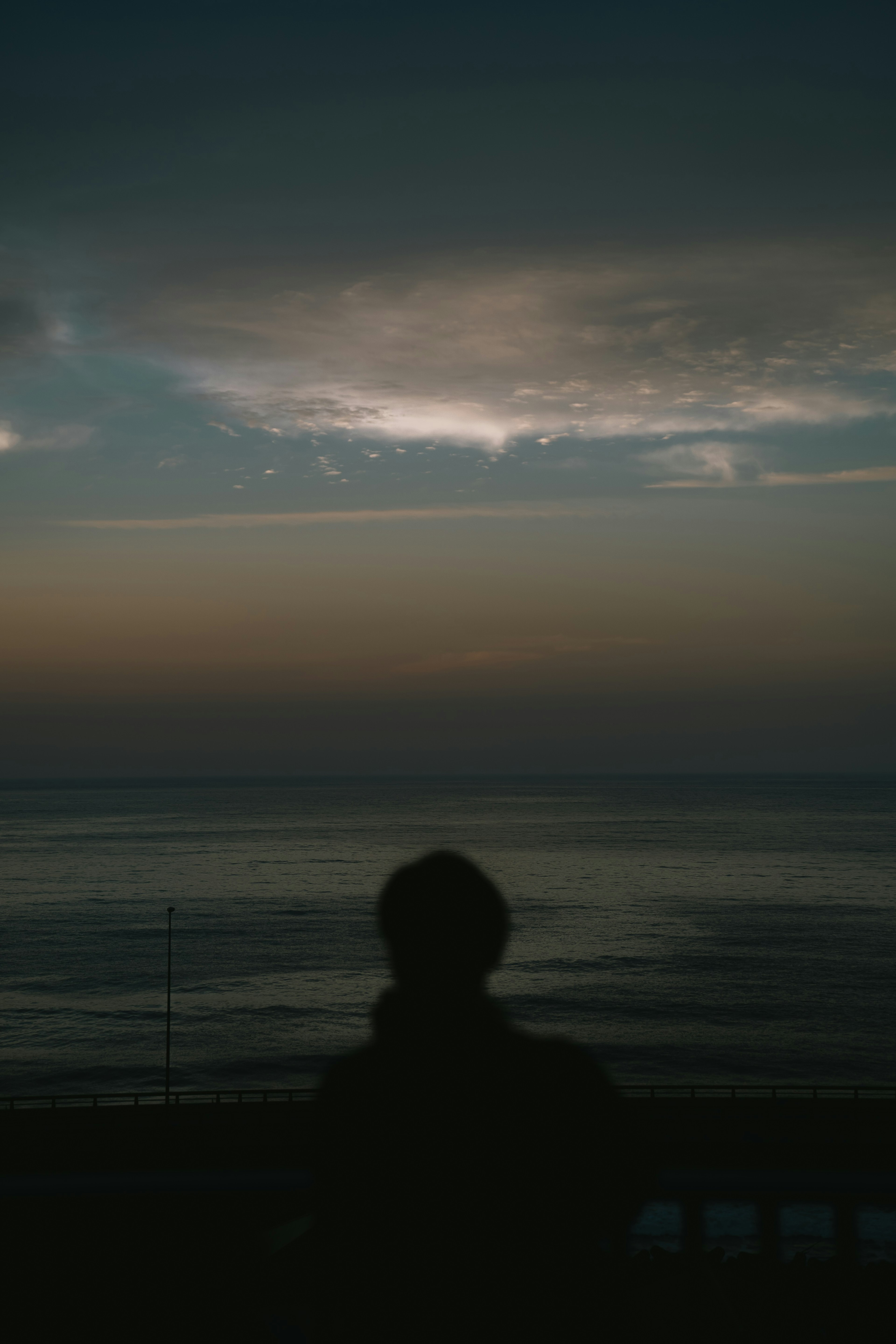 海を見つめるシルエットの人と薄暗い空