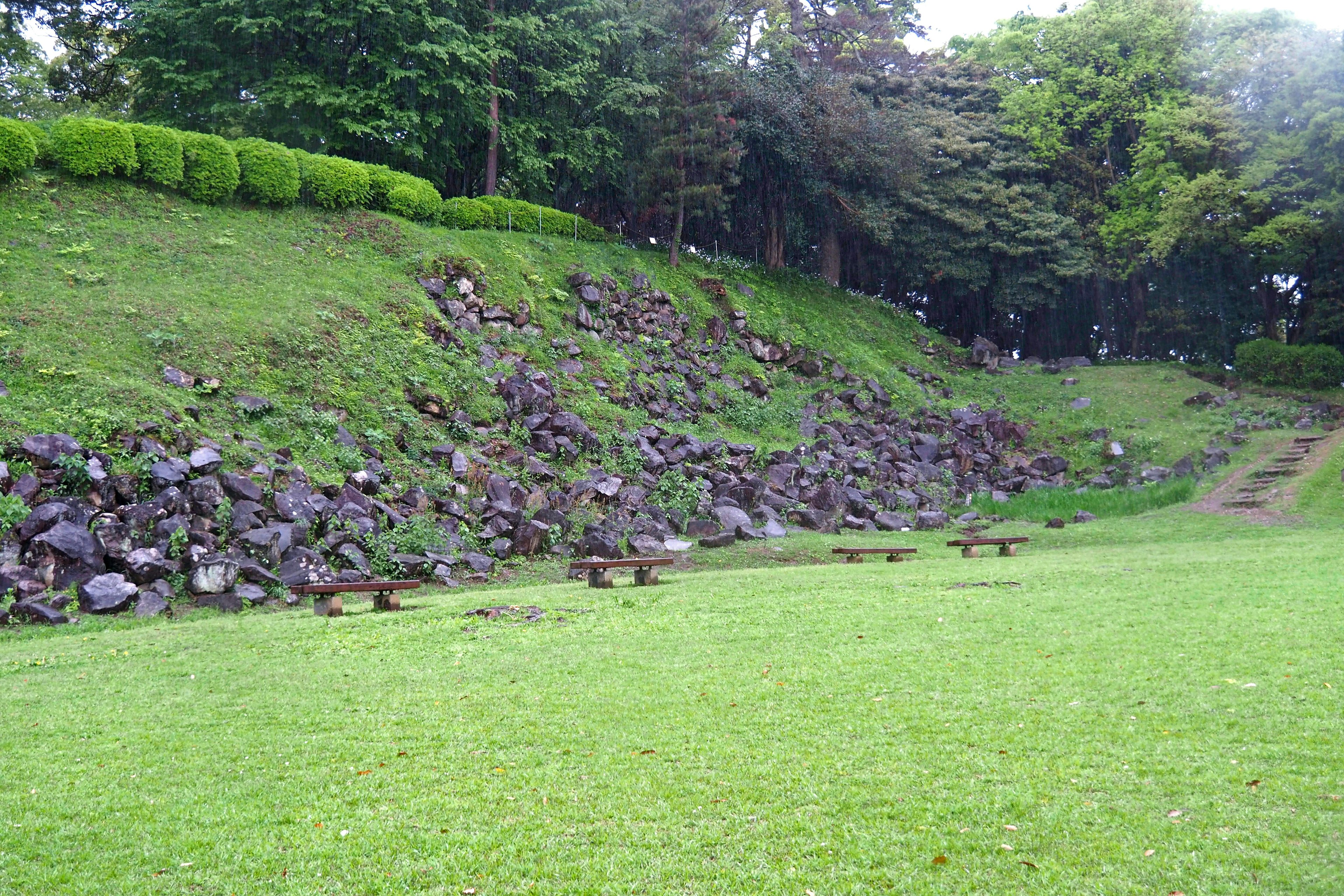 A park landscape featuring lush green grass and a rocky slope