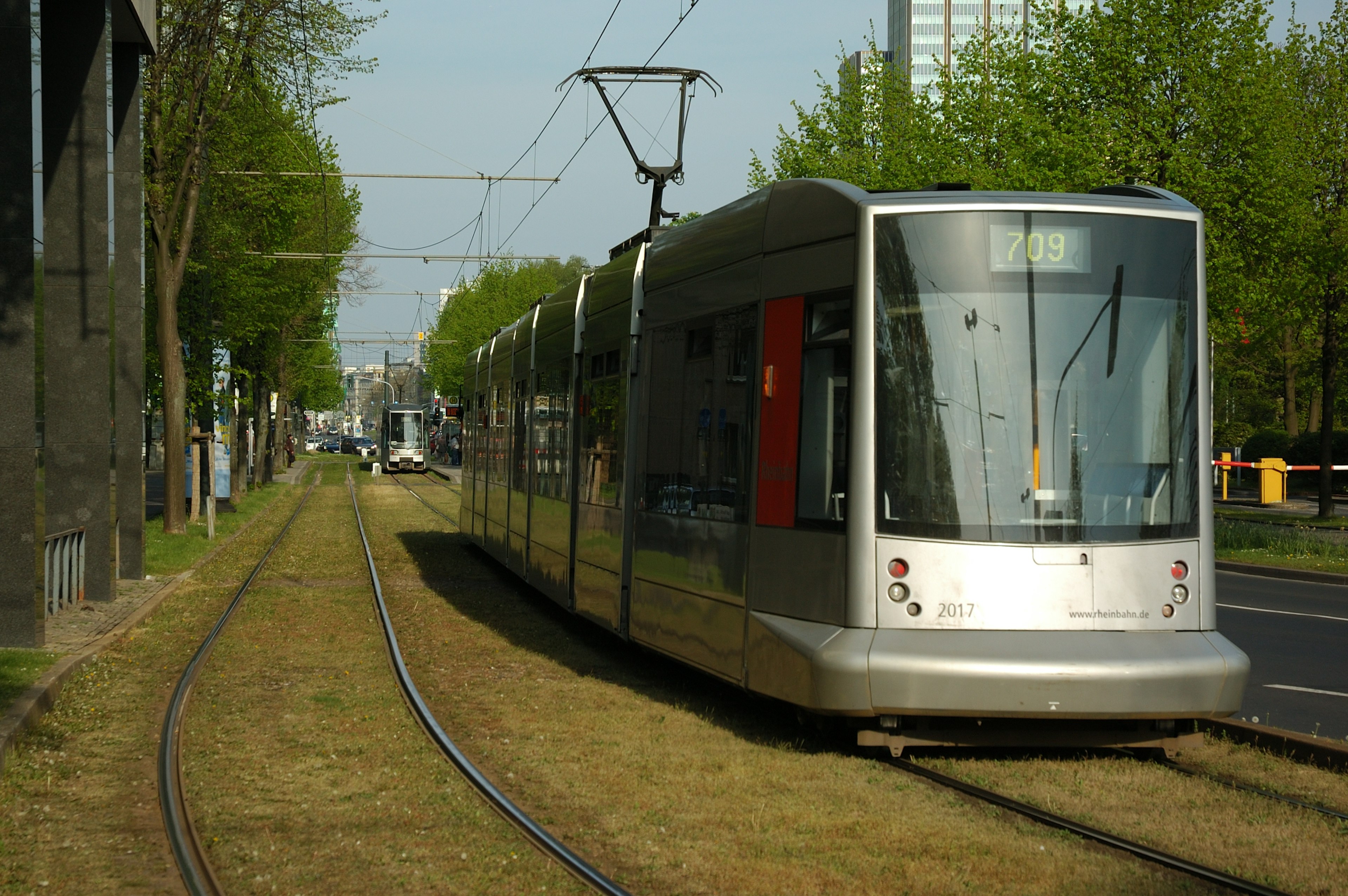 Tram perak berhenti di rel yang ditutupi rumput dengan pohon di latar belakang