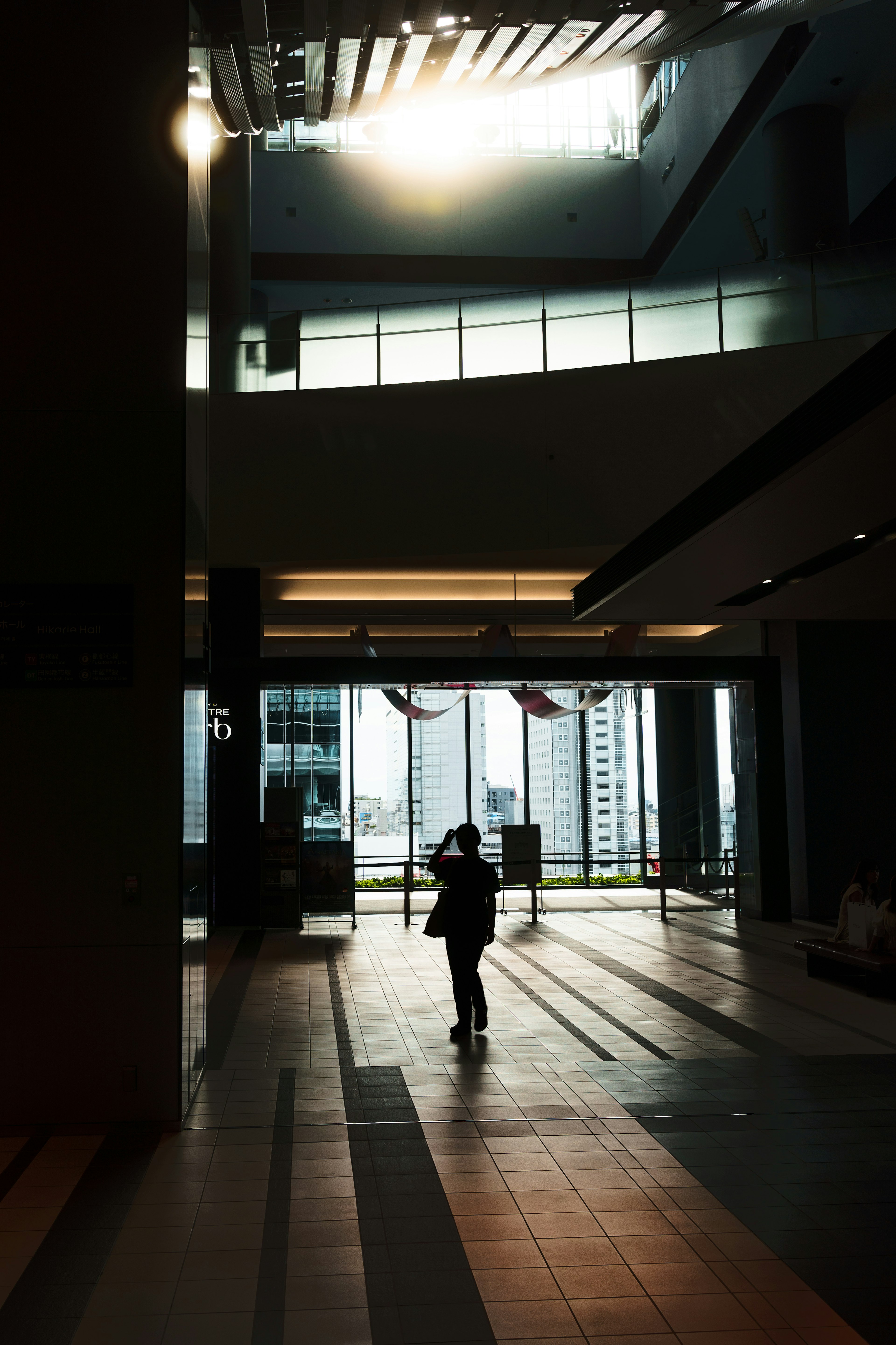 Silueta de una persona caminando en el interior de un edificio moderno con luz brillante