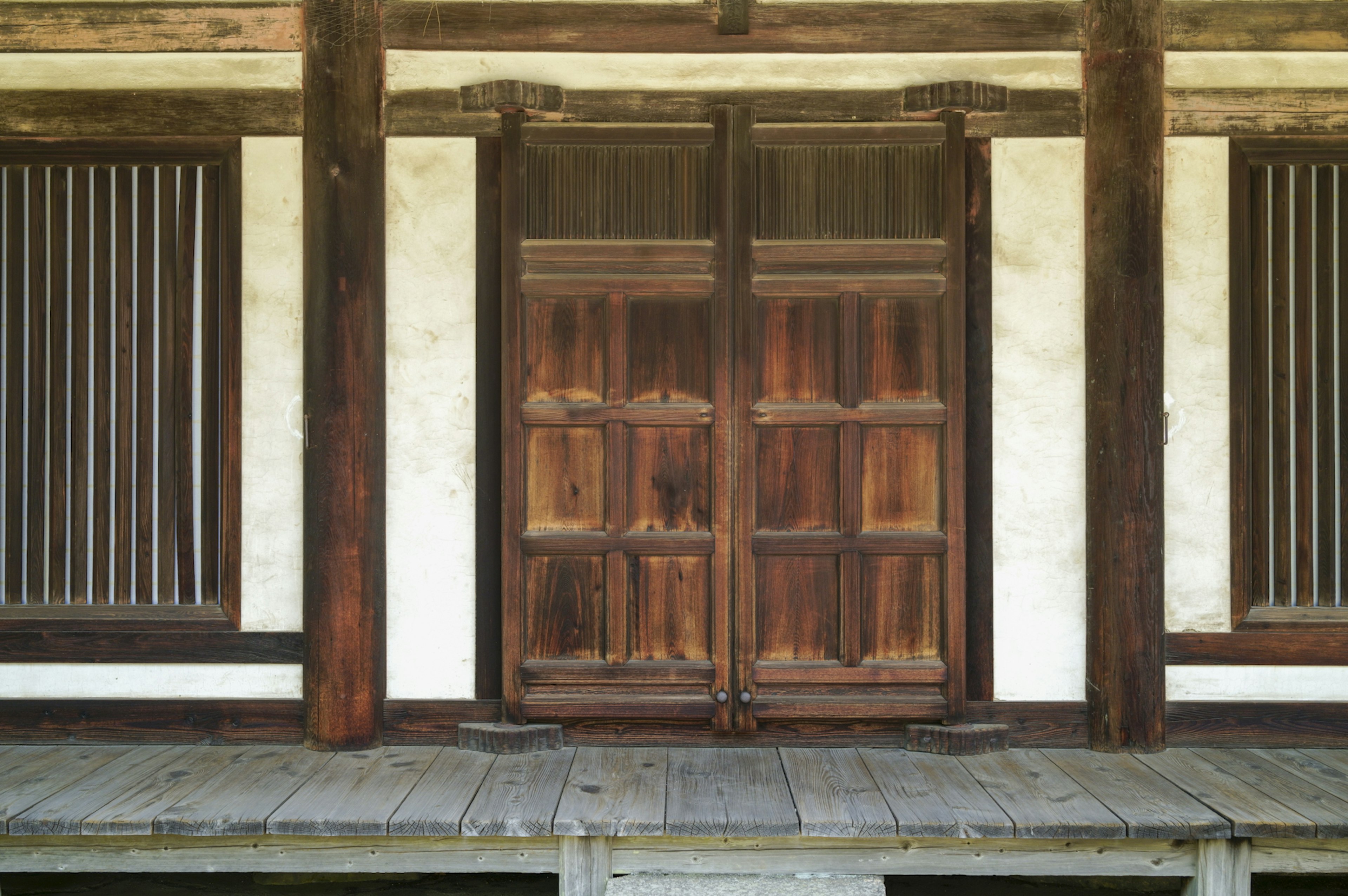 Traditional wooden door of a Japanese building exterior