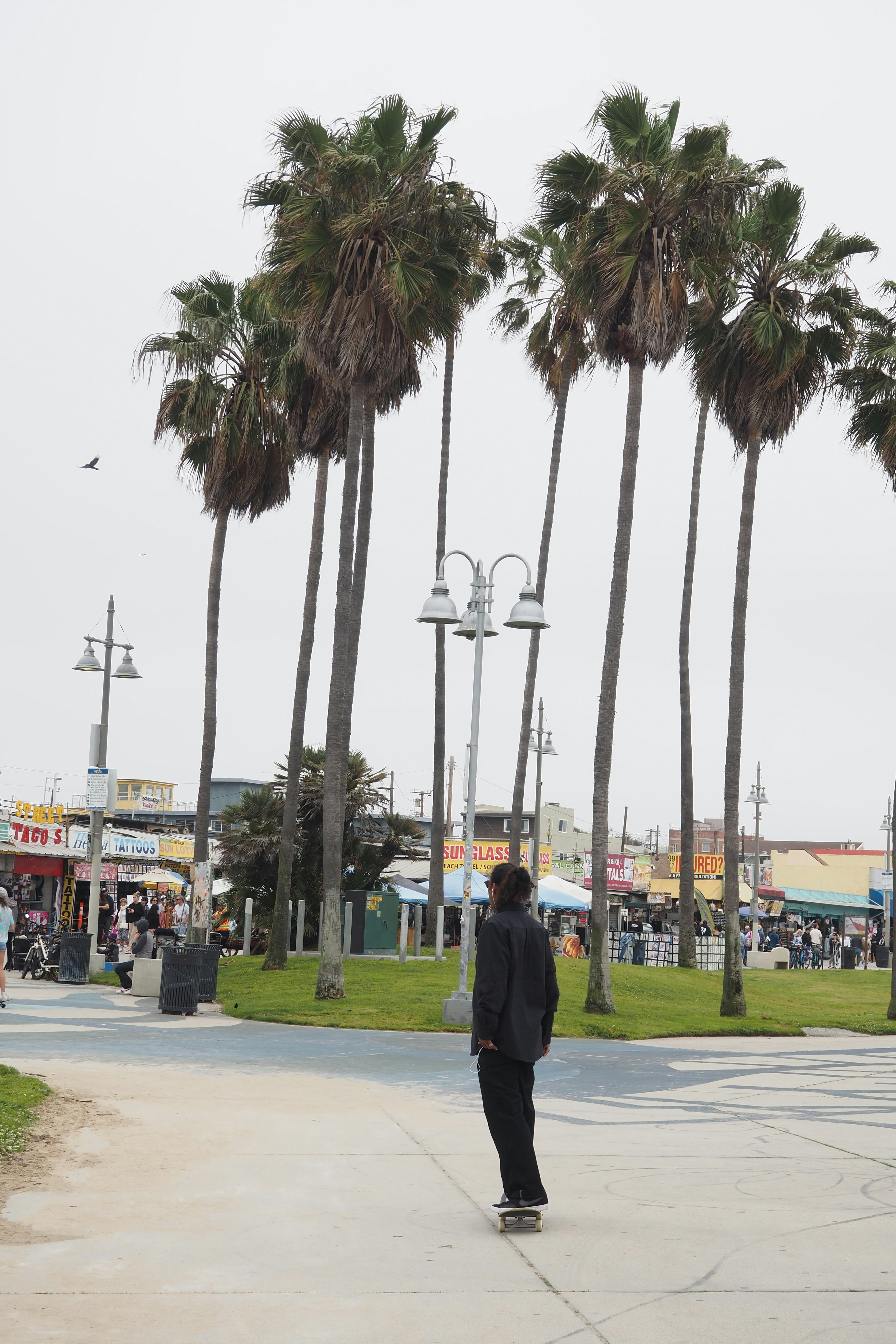 Una persona montando una patineta en una escena de playa con palmeras y gente al fondo