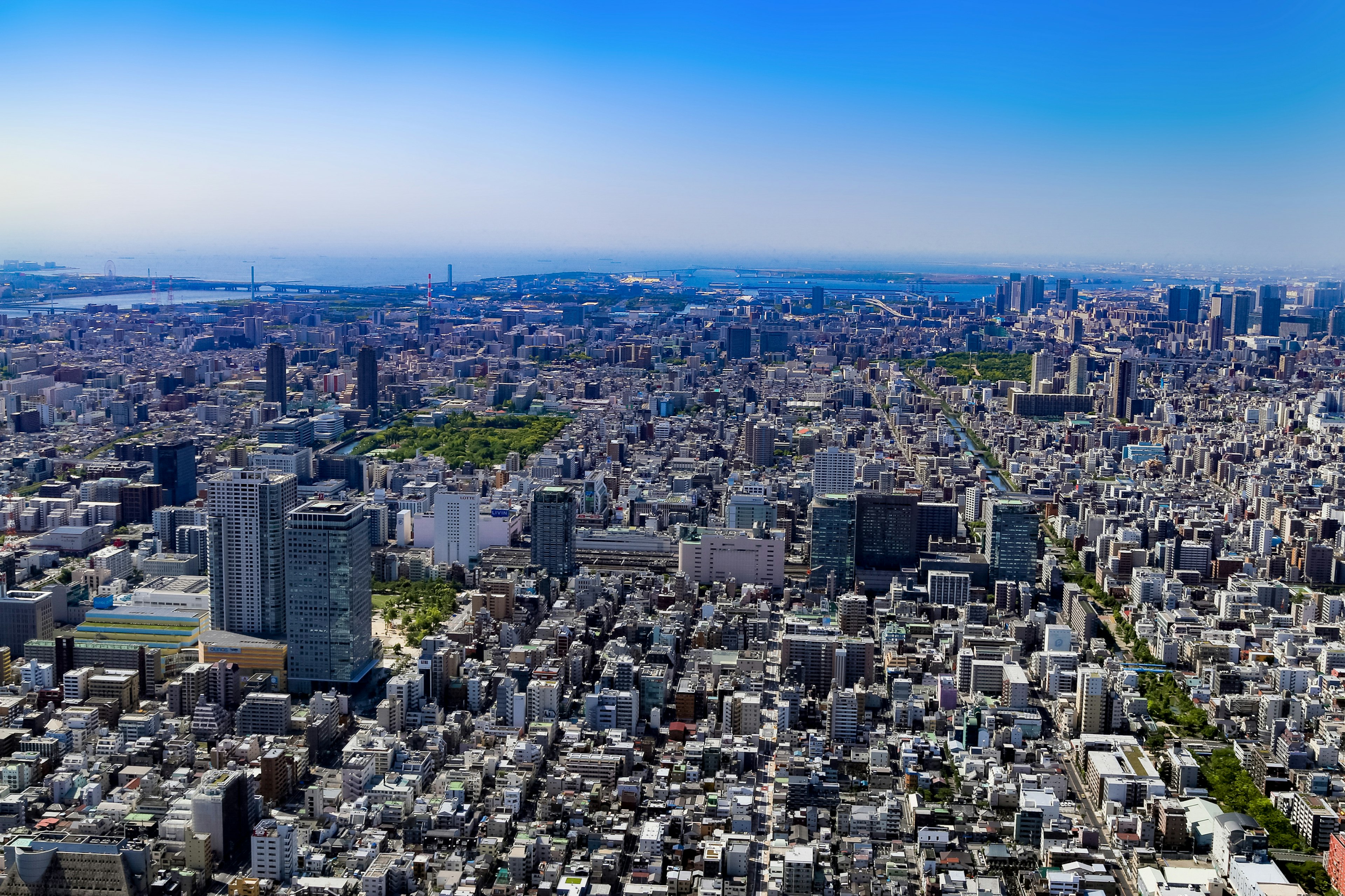 Vista aerea di Tokyo che mostra un vasto paesaggio urbano con spazi verdi e grattacieli