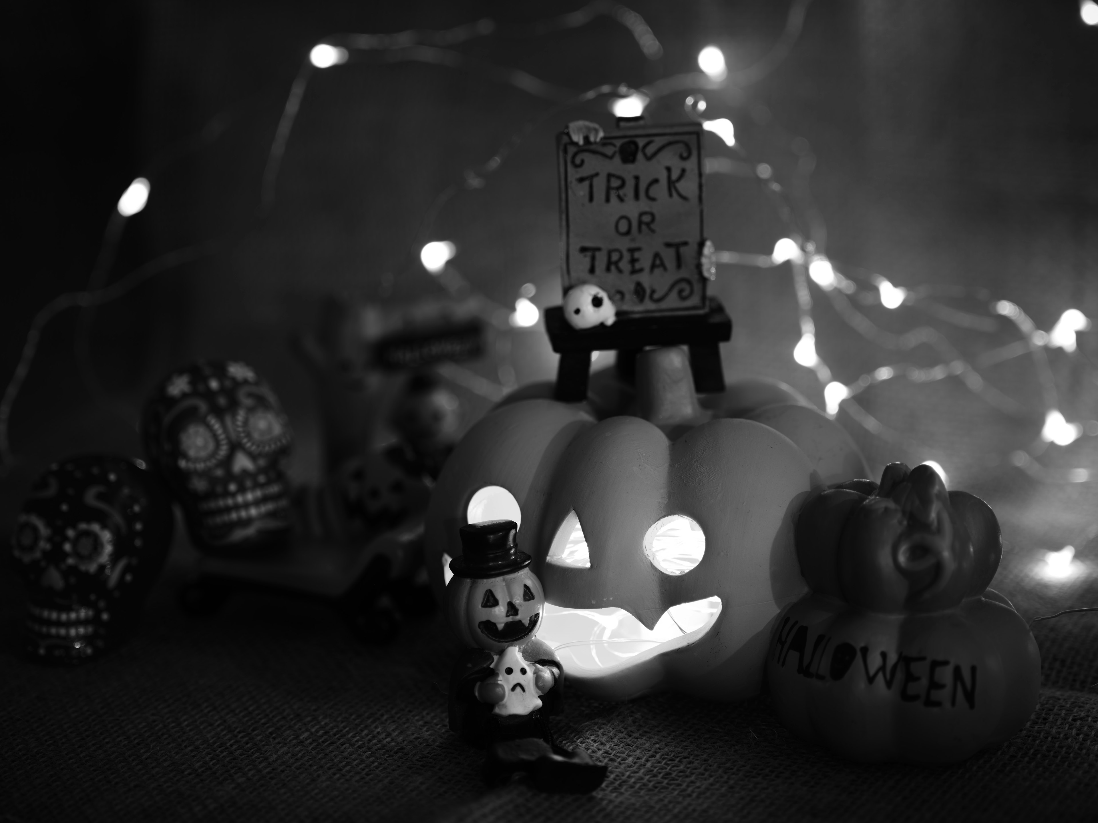 Black and white image featuring a Halloween pumpkin with a Trick or Treat sign and decorative figures