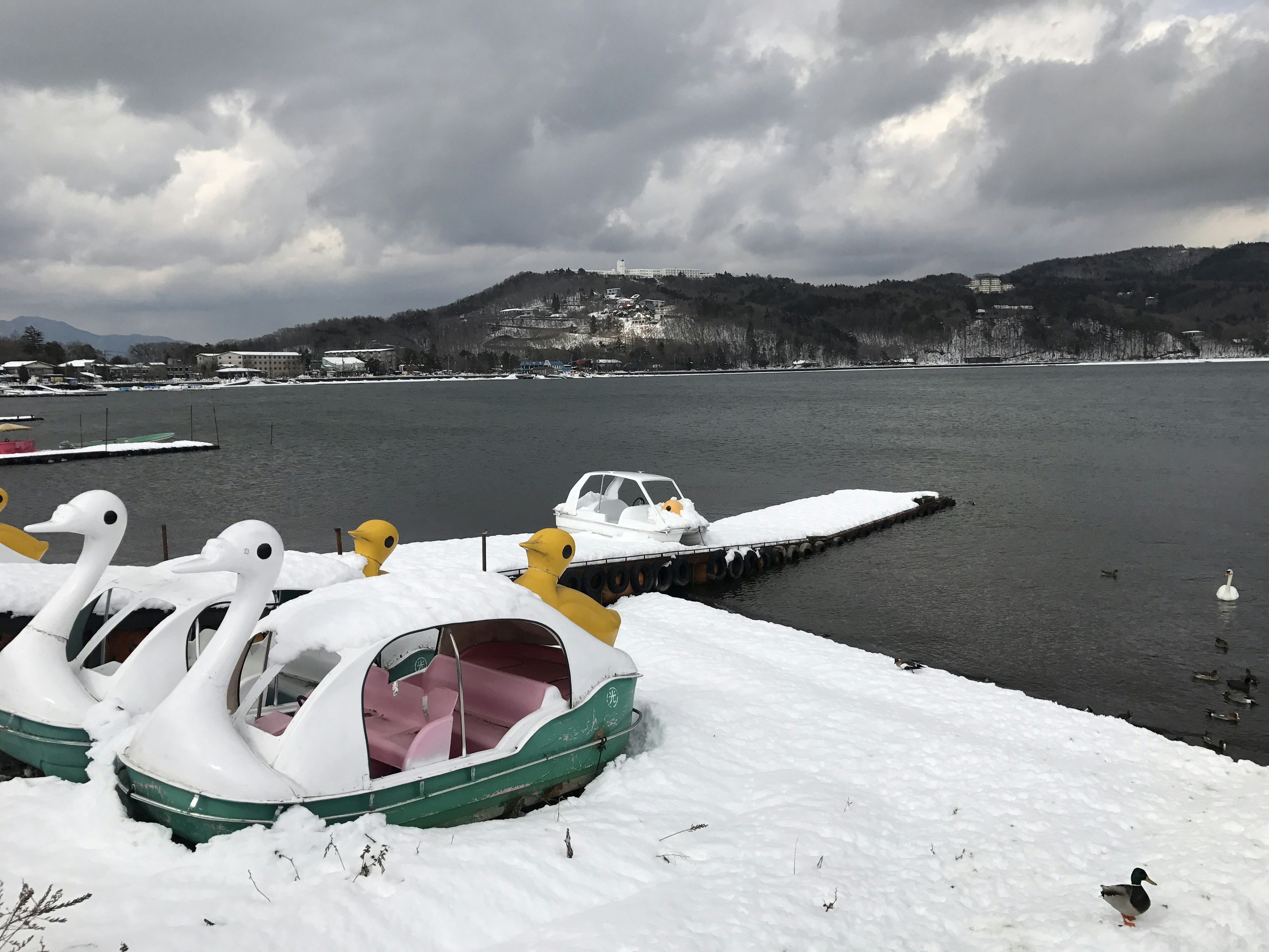 Orilla del lago cubierta de nieve con botes en forma de cisne y cielo nublado