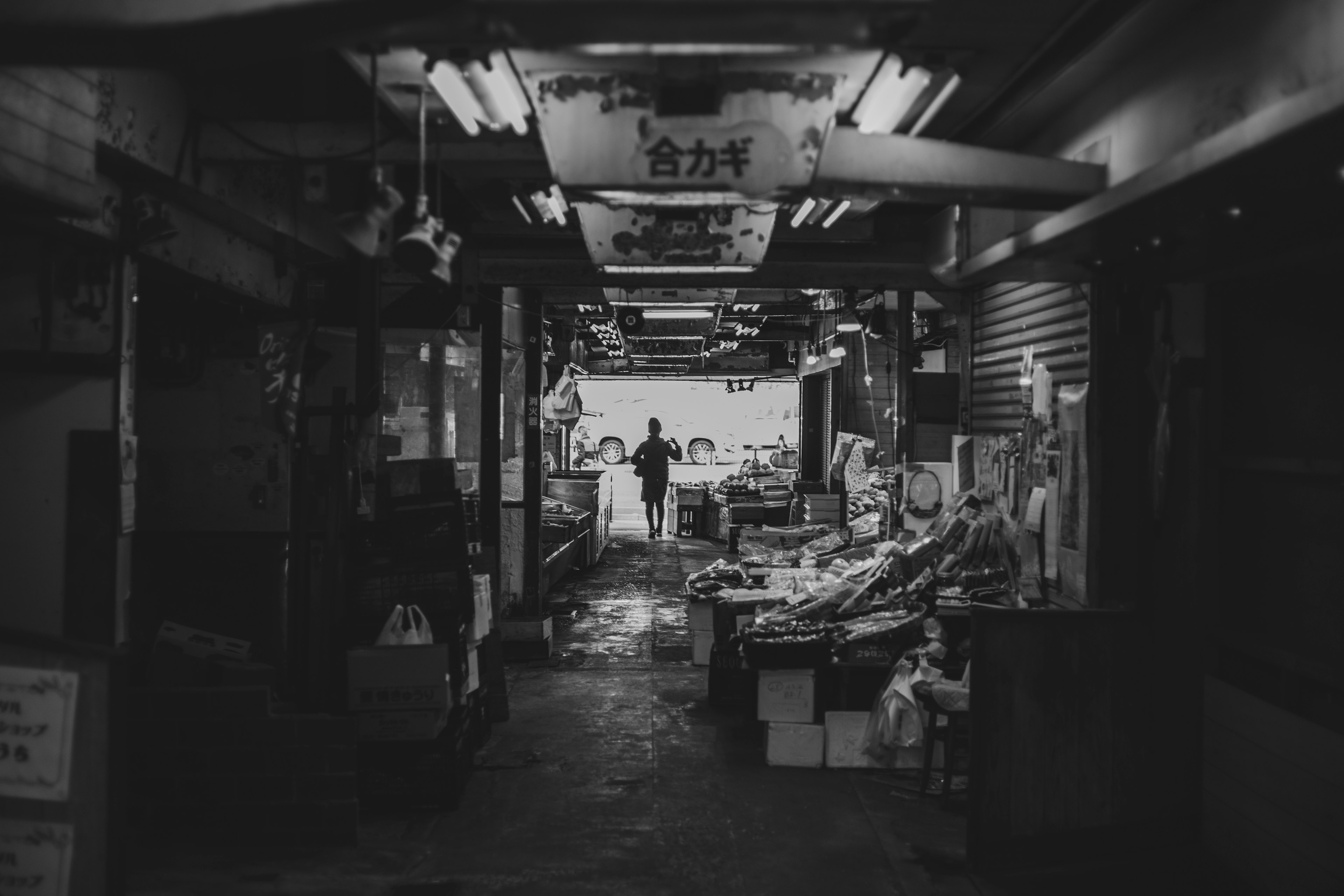 A person walking through a dimly lit alley of a market