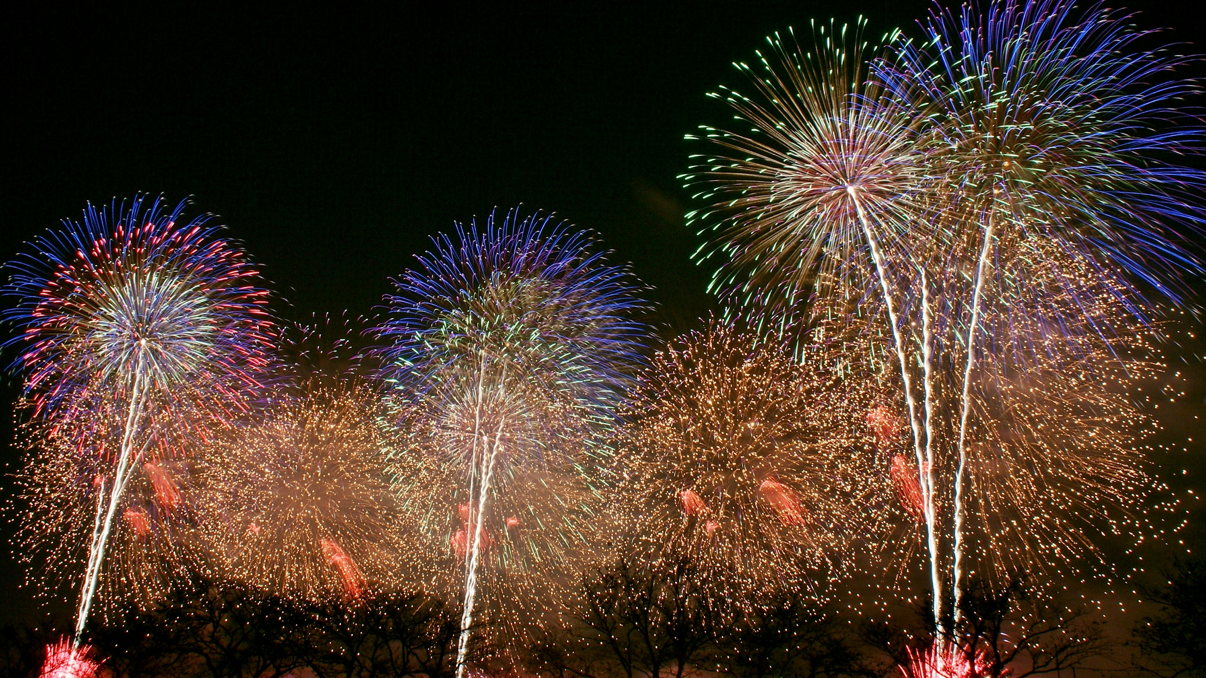 夜空に広がる色とりどりの花火のディスプレイ