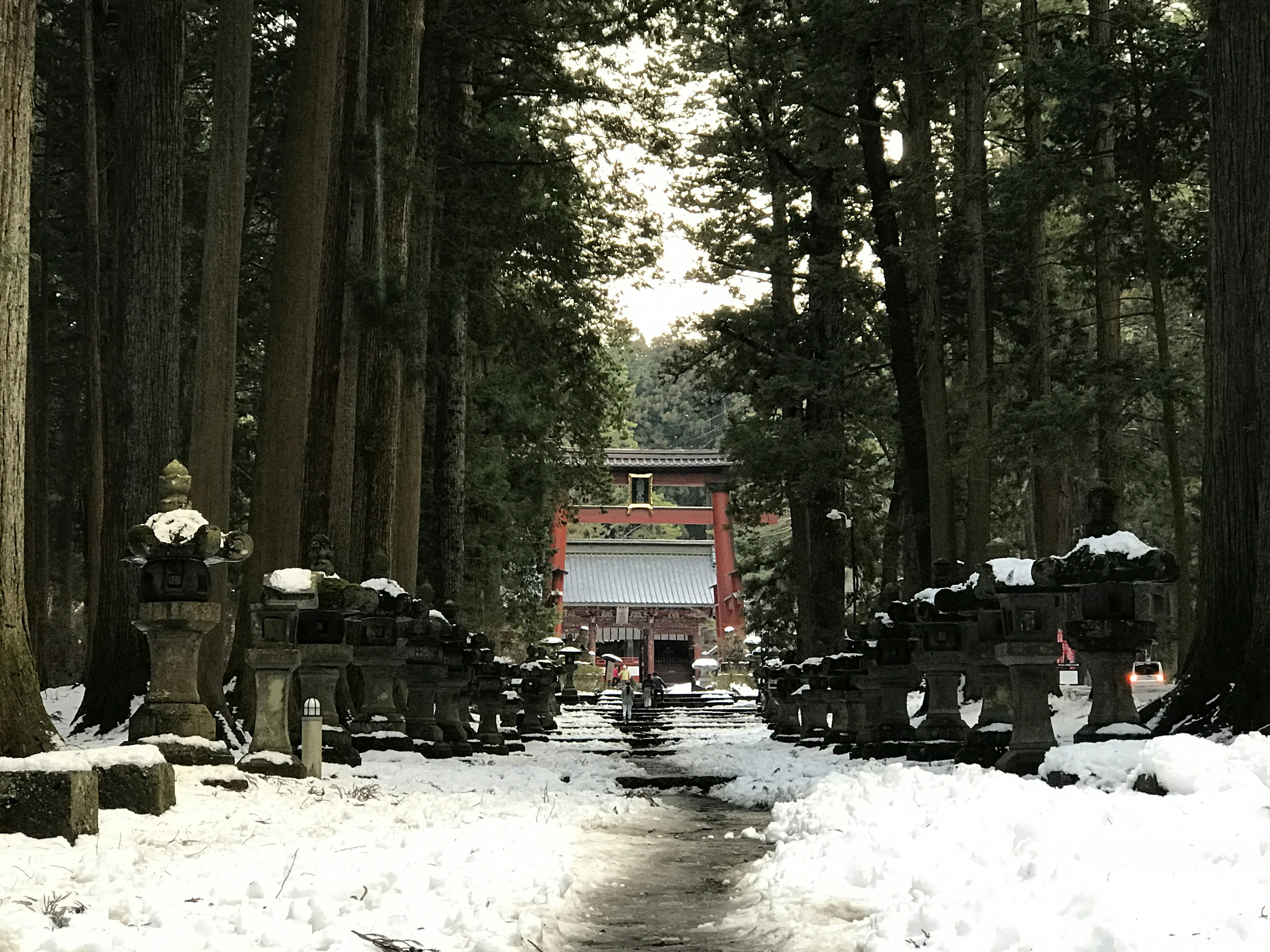 Sentier menant à un sanctuaire dans une forêt enneigée avec de vieilles lanternes de chaque côté