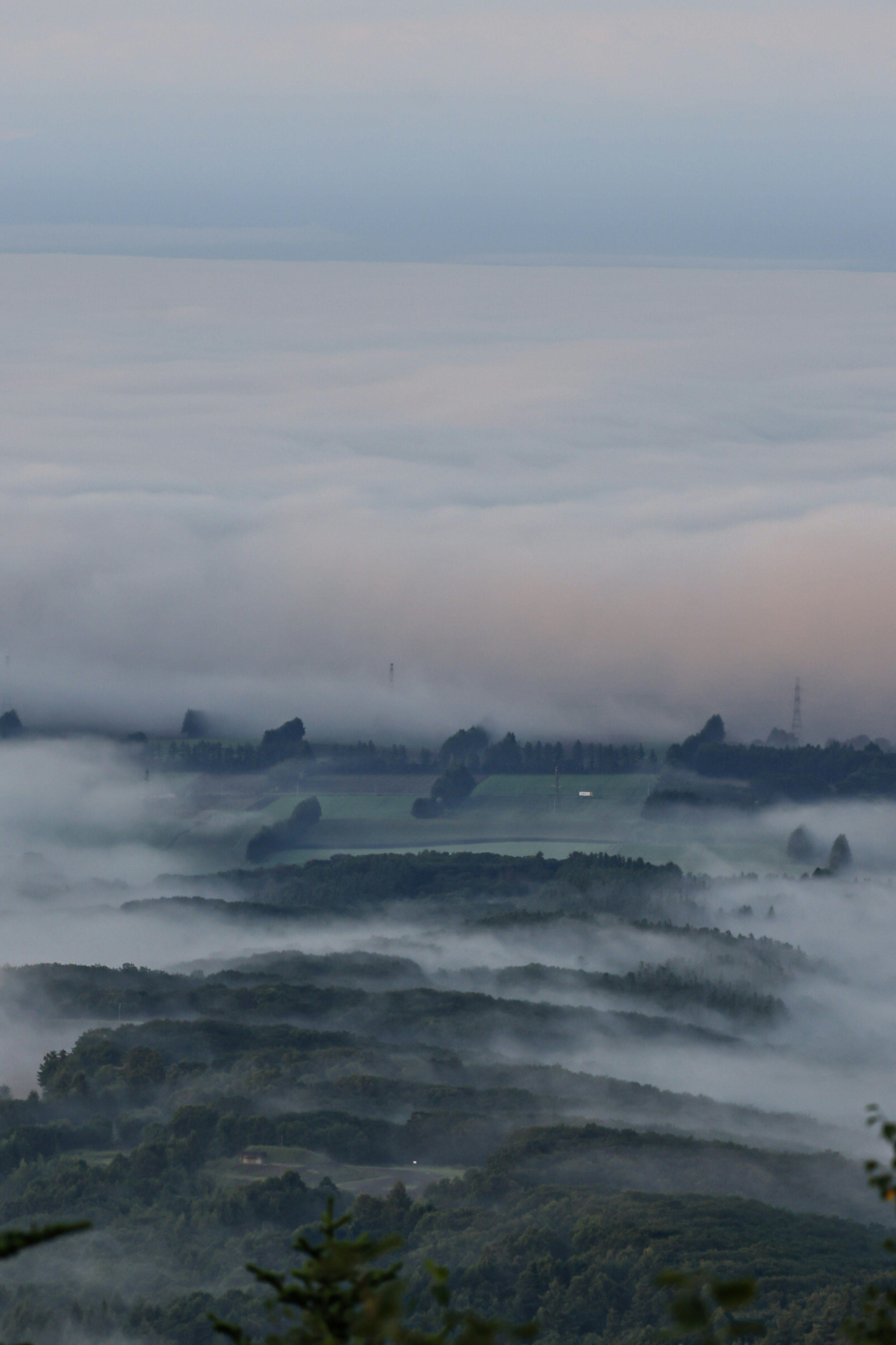 Paisaje montañoso cubierto de niebla con tonos suaves en el cielo