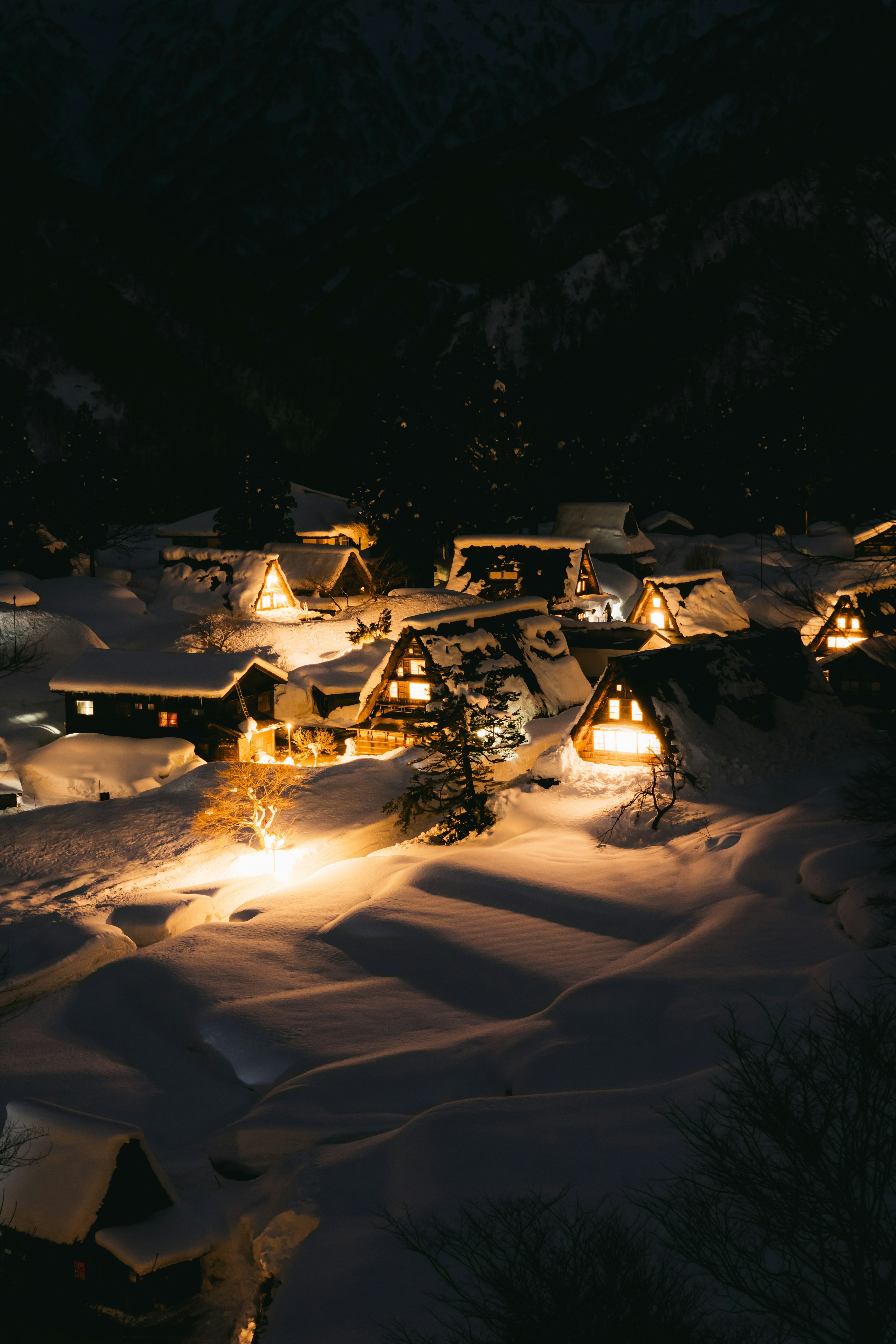 Night view of a snow-covered mountain village with traditional gassho-zukuri houses illuminated by warm lights