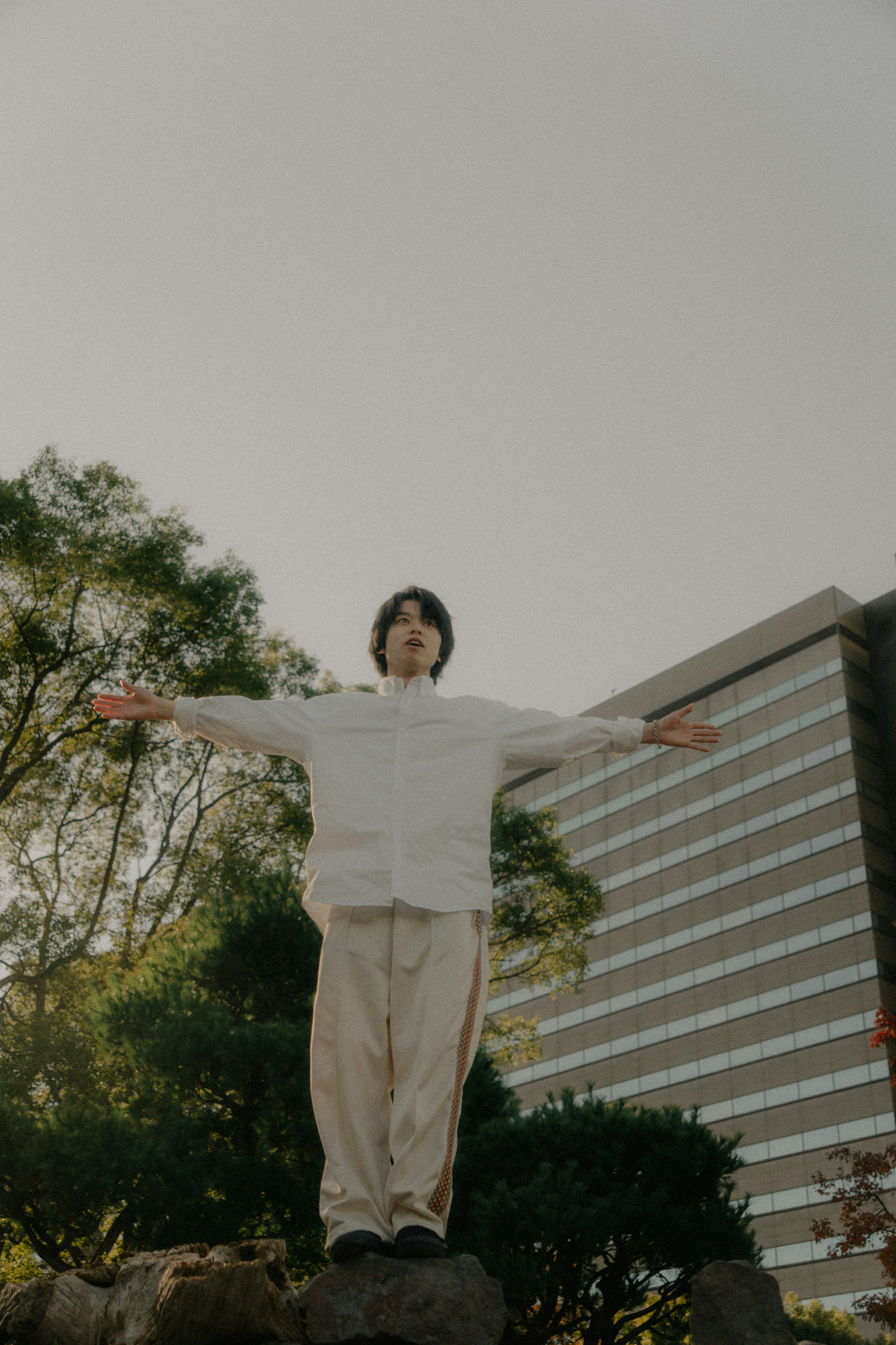 Person standing on a rock in a park with arms outstretched background features a tall building and trees