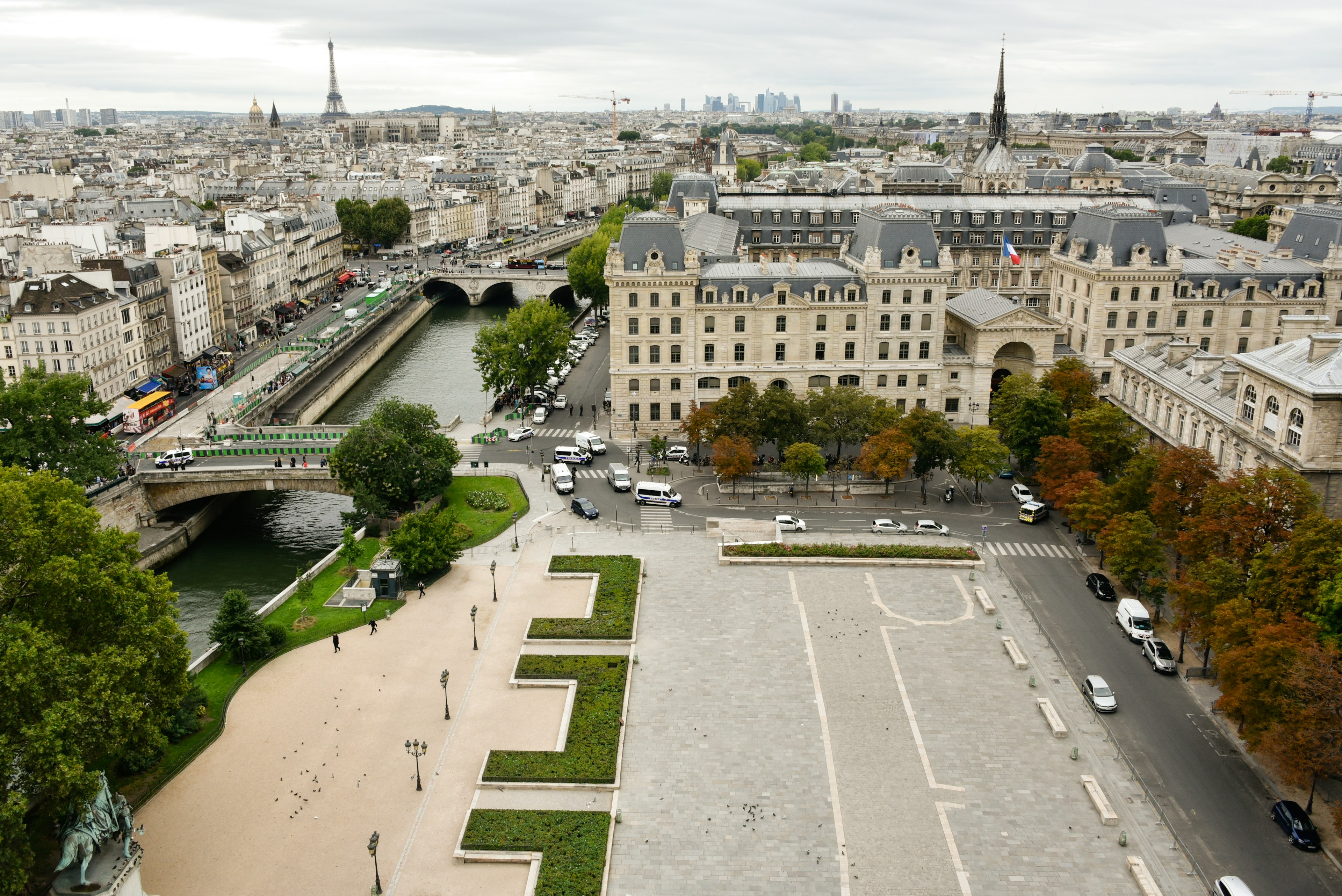 Aerial view of the Seine River and Eiffel Tower in Paris