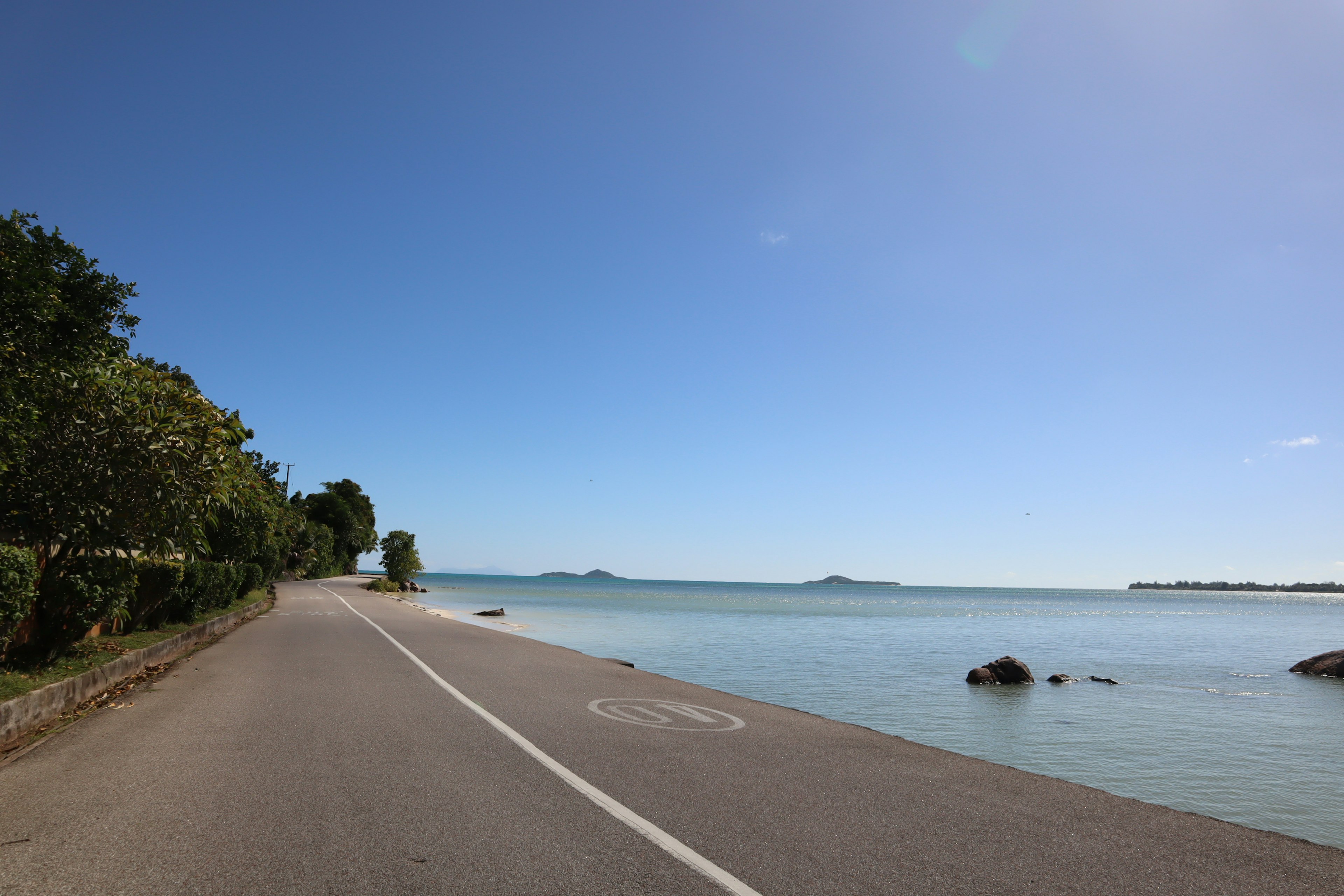 青い海と青空の風景に沿った道路の写真