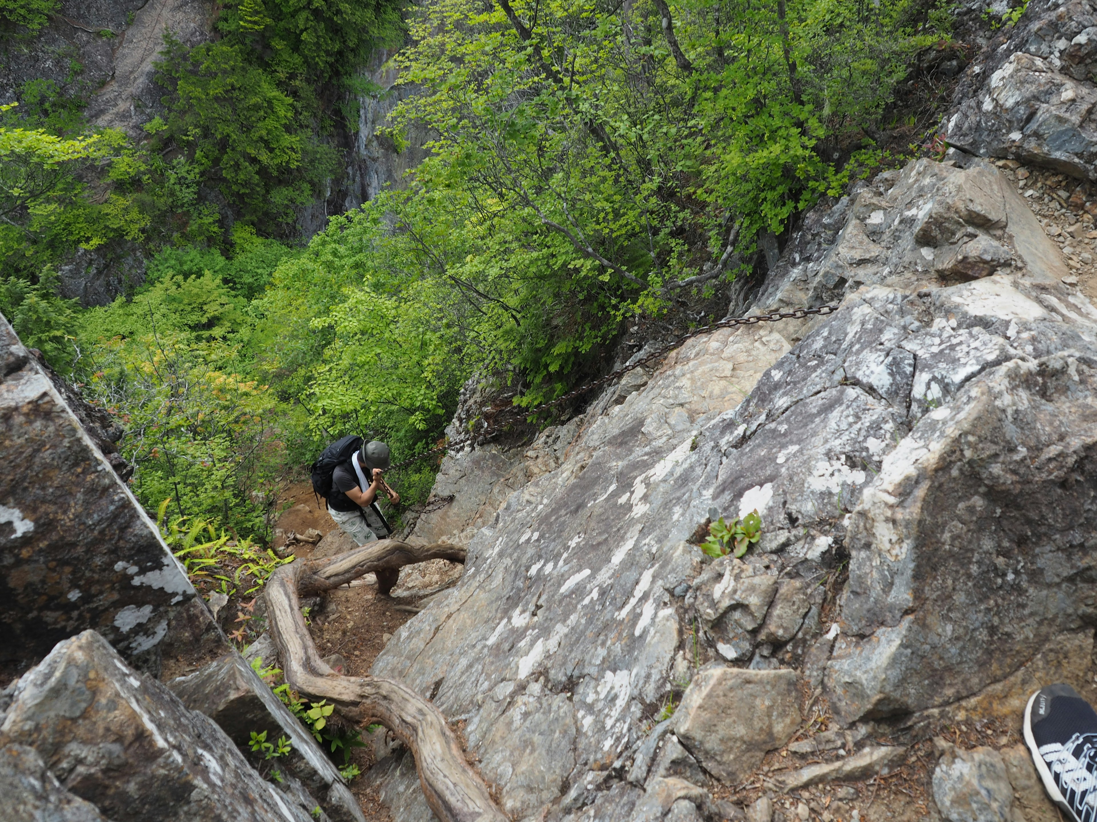 Escursionista che scala un terreno roccioso circondato da vegetazione lussureggiante