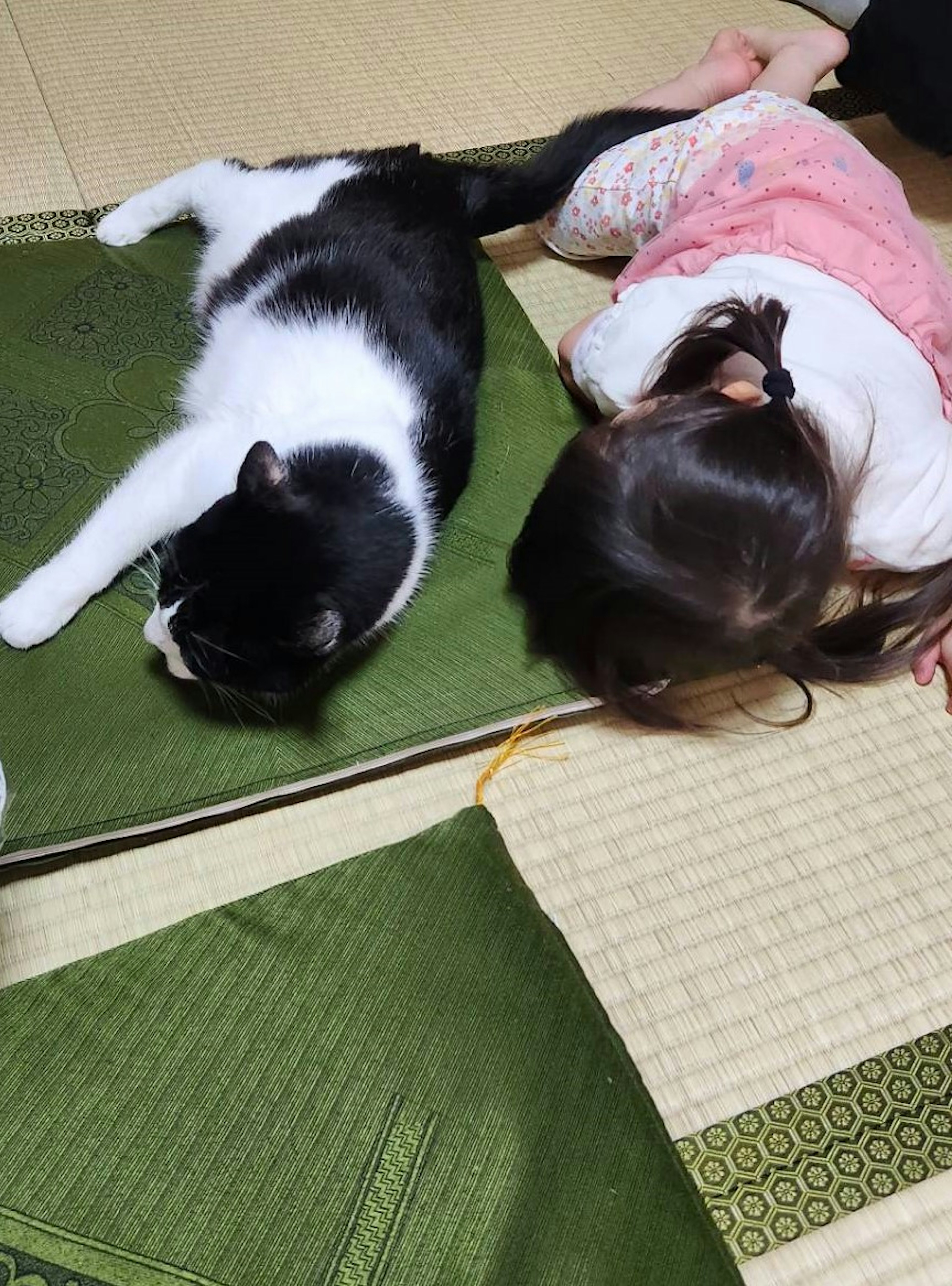 Ein Kind schläft neben einer schwarz-weißen Katze auf Tatami-Matten