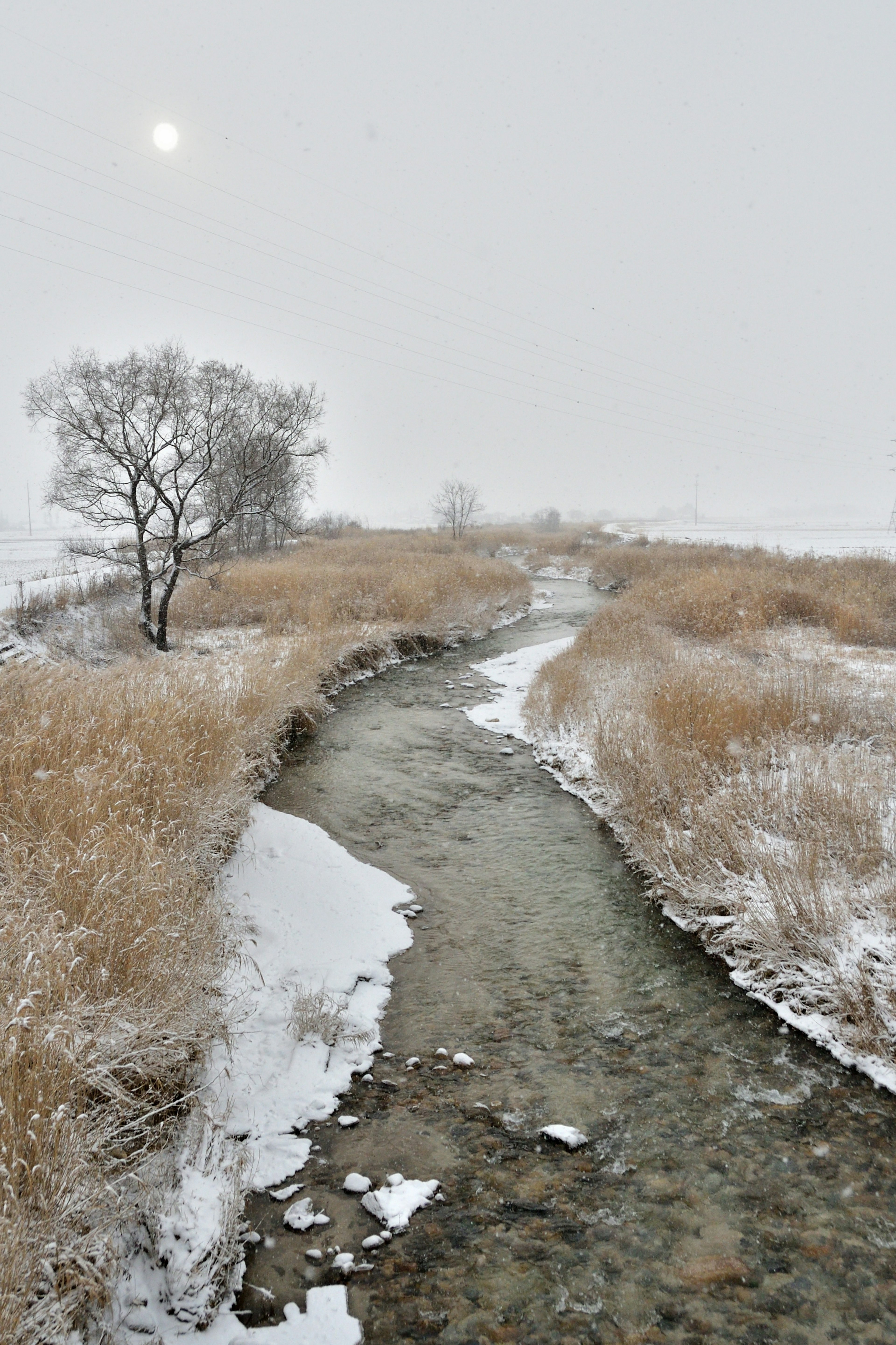 Río cubierto de nieve serpenteando a través de un paisaje árido