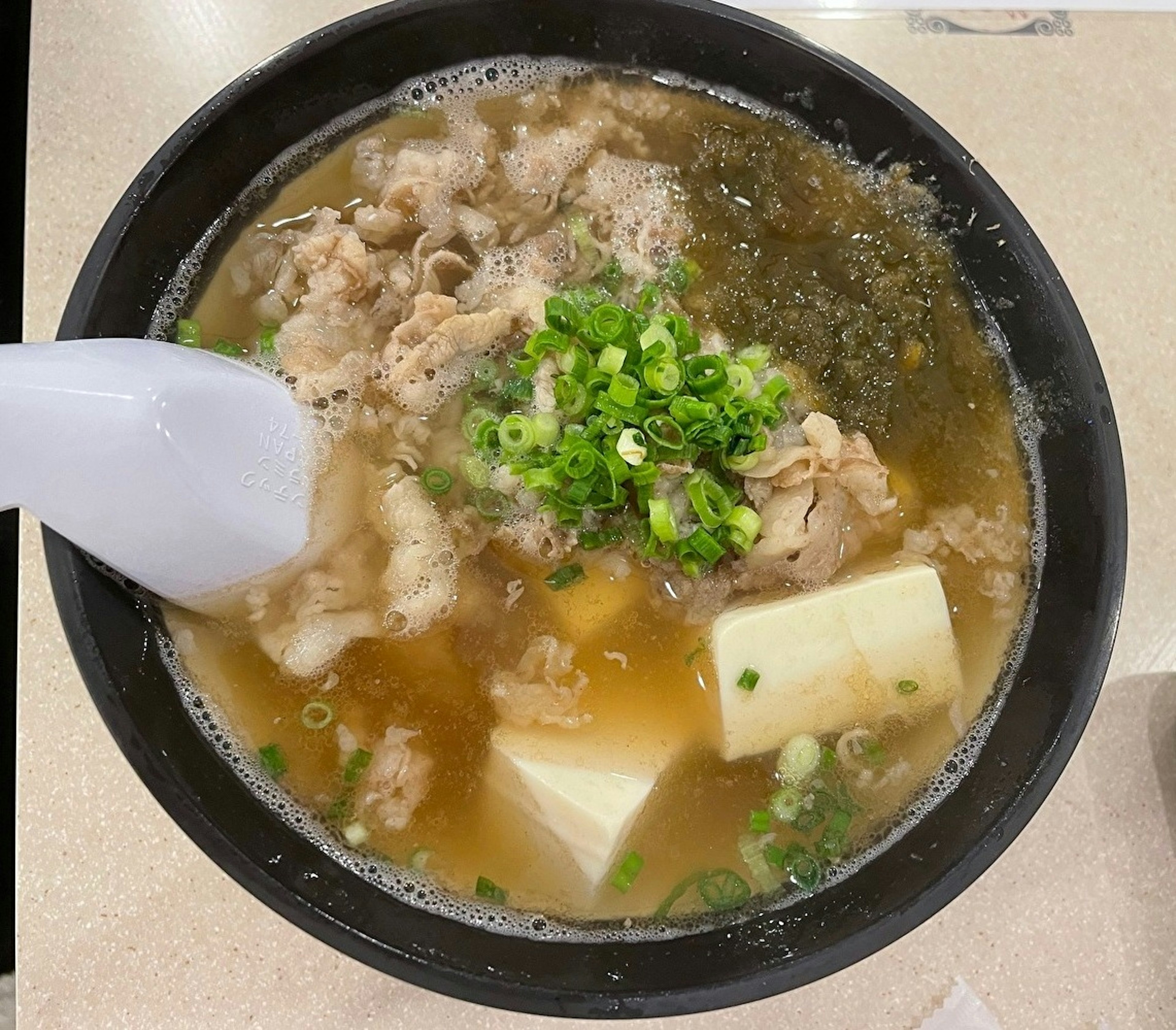 Un tazón de sopa caliente con carne tofu y cebollas verdes