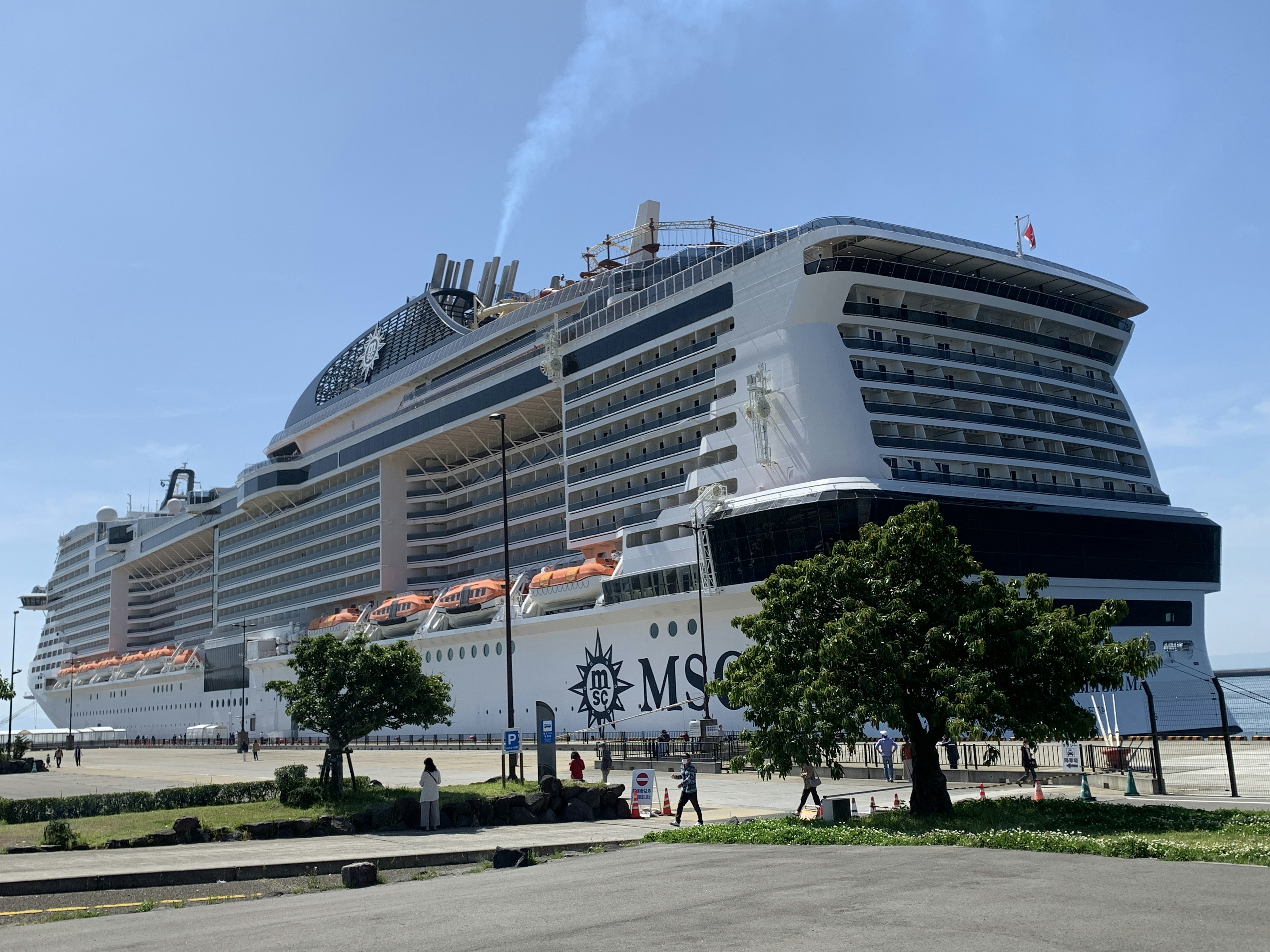 Large MSC cruise ship docked at the port