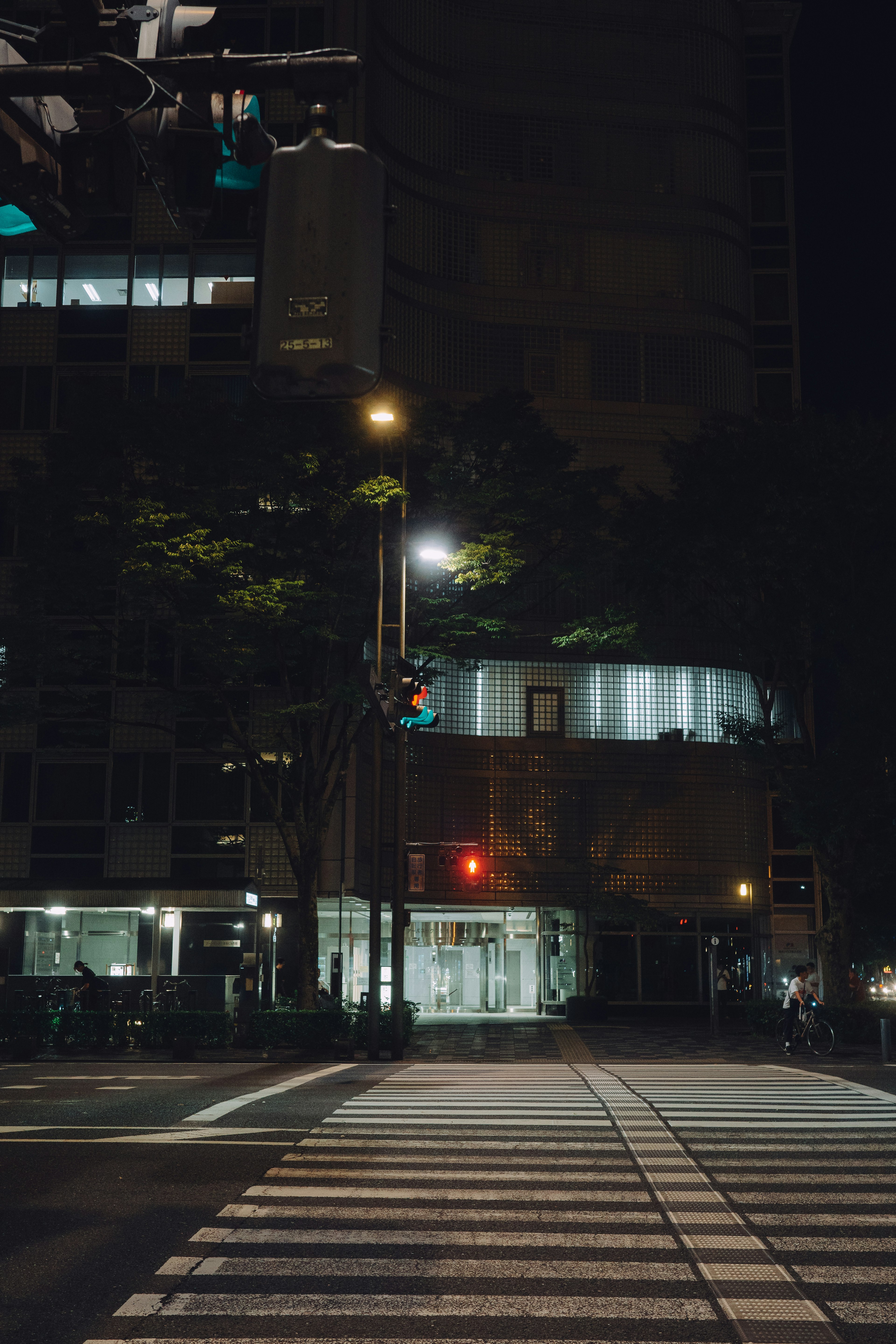 Image of a crosswalk and traffic lights at a city intersection at night