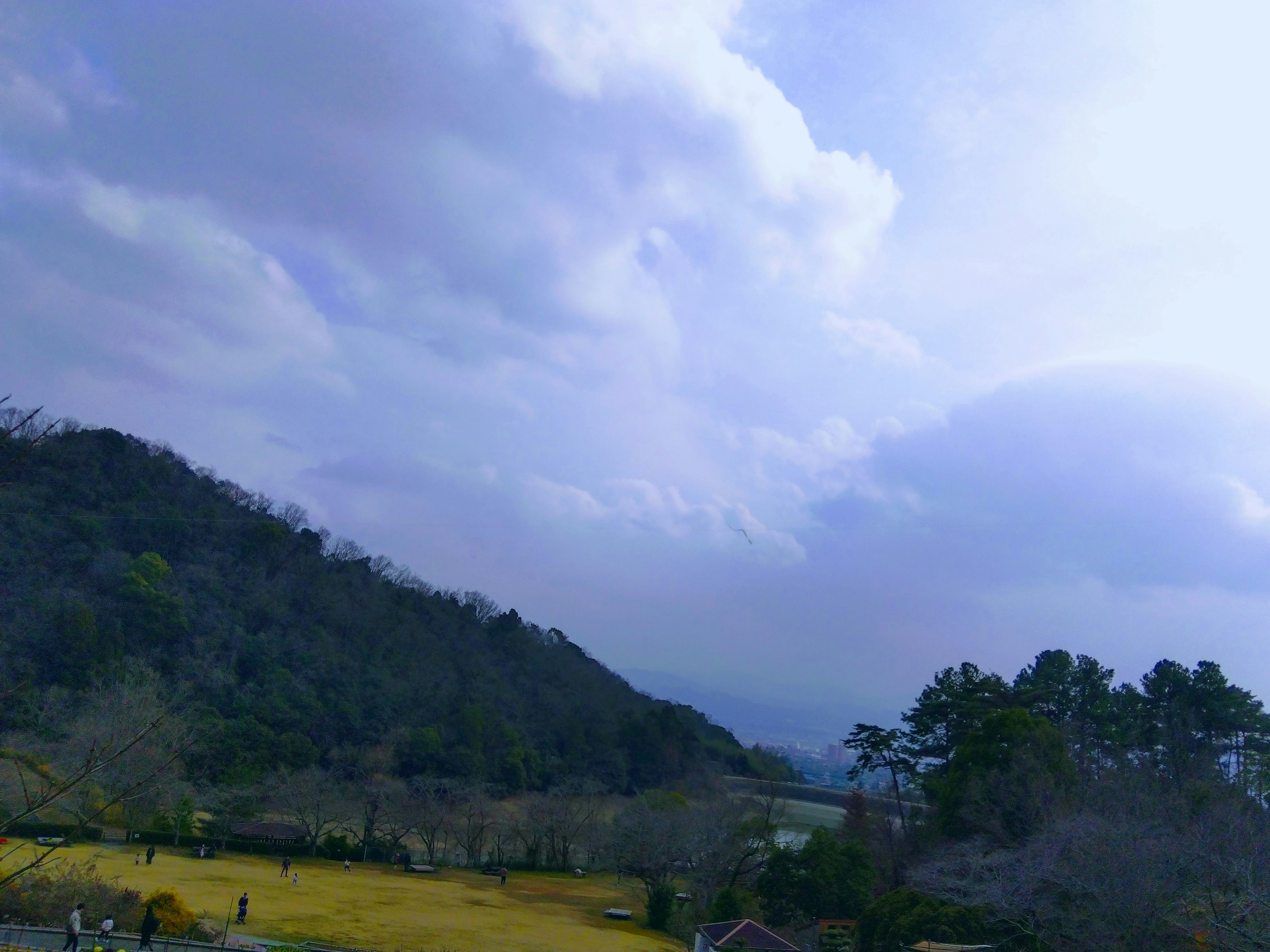 青い空と雲に囲まれた山と田園風景