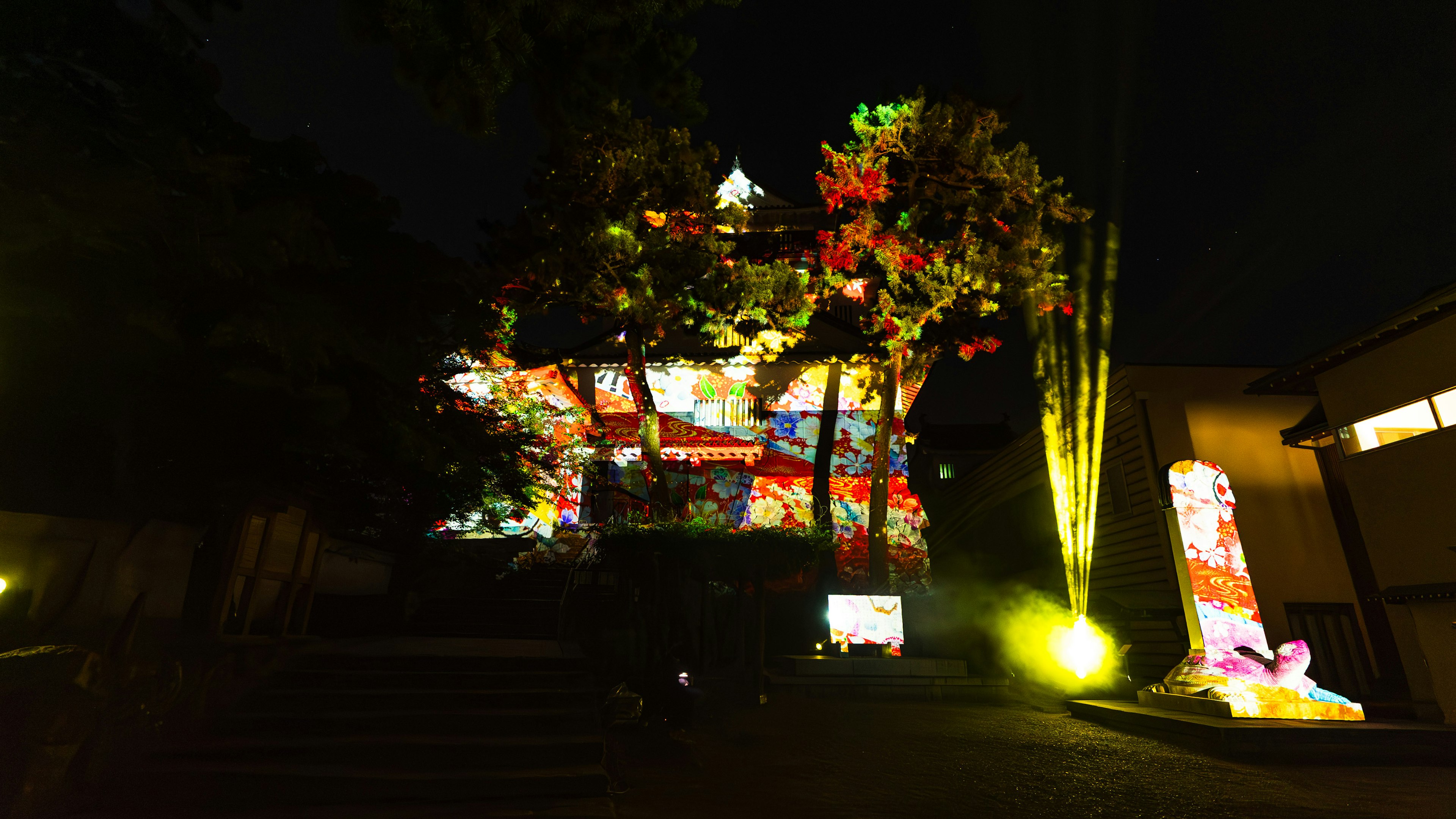 Eine Nachtszene mit einem Gebäude, das von bunten Lichtprojektionen und umgebenden Bäumen beleuchtet wird