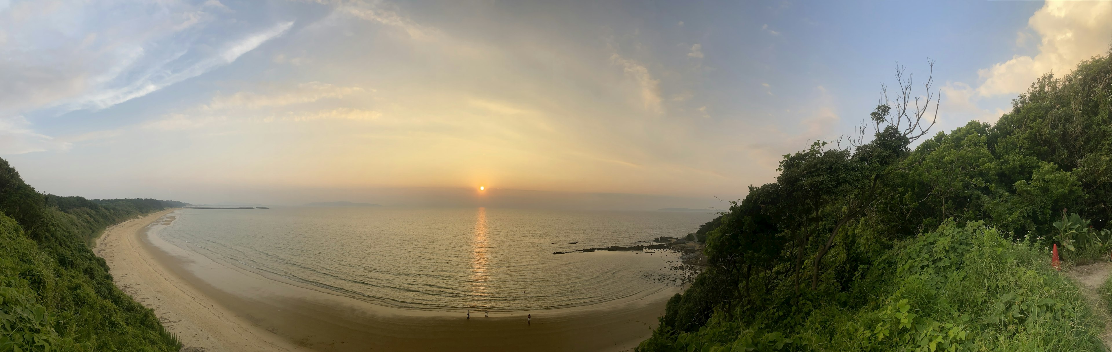 Pemandangan panorama laut dan langit matahari terbenam di pantai pohon hijau