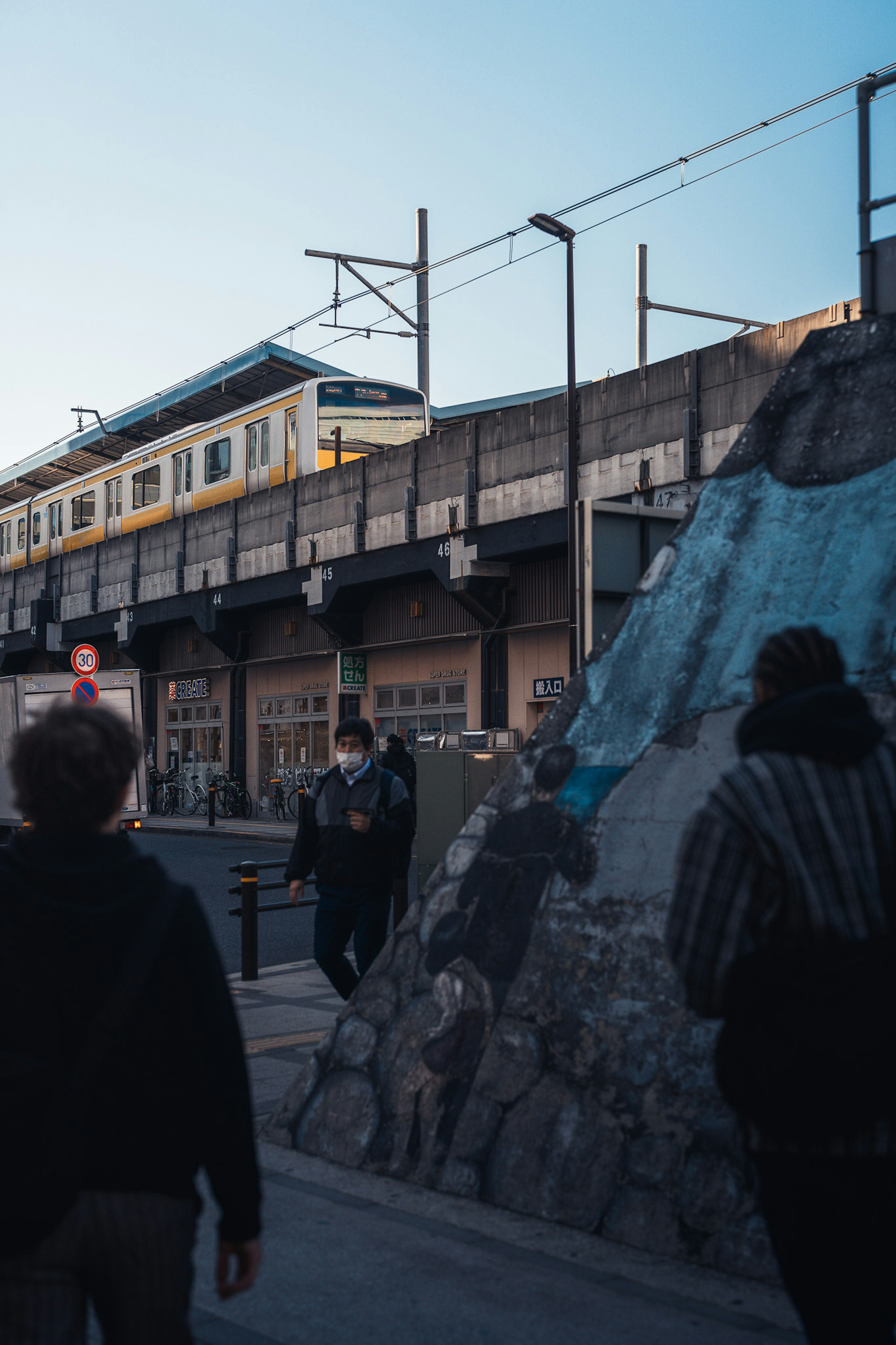 Scene of a train running above with pedestrians walking on the sidewalk