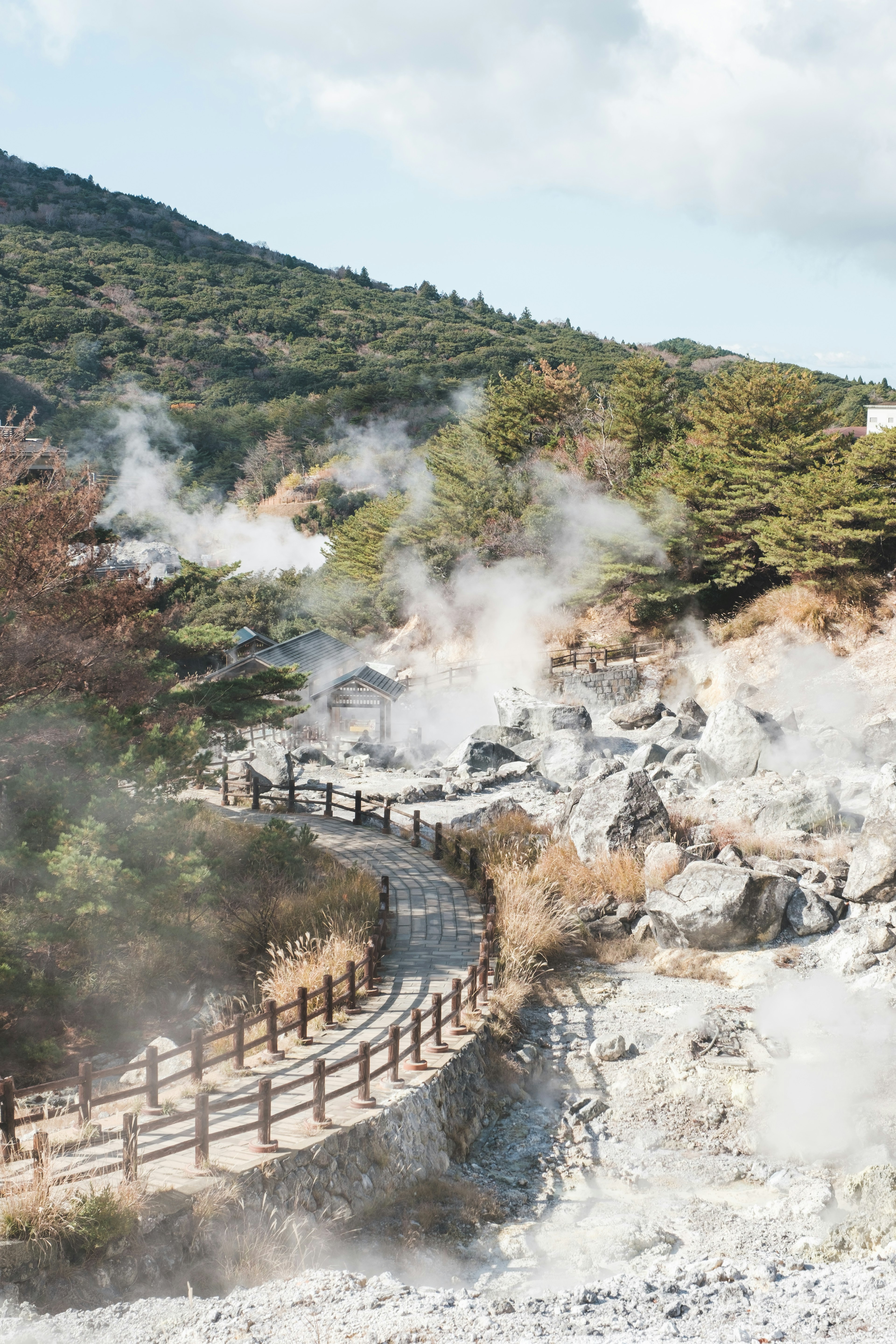 蒸気が上がる温泉地の風景 木製の歩道と山々の景観