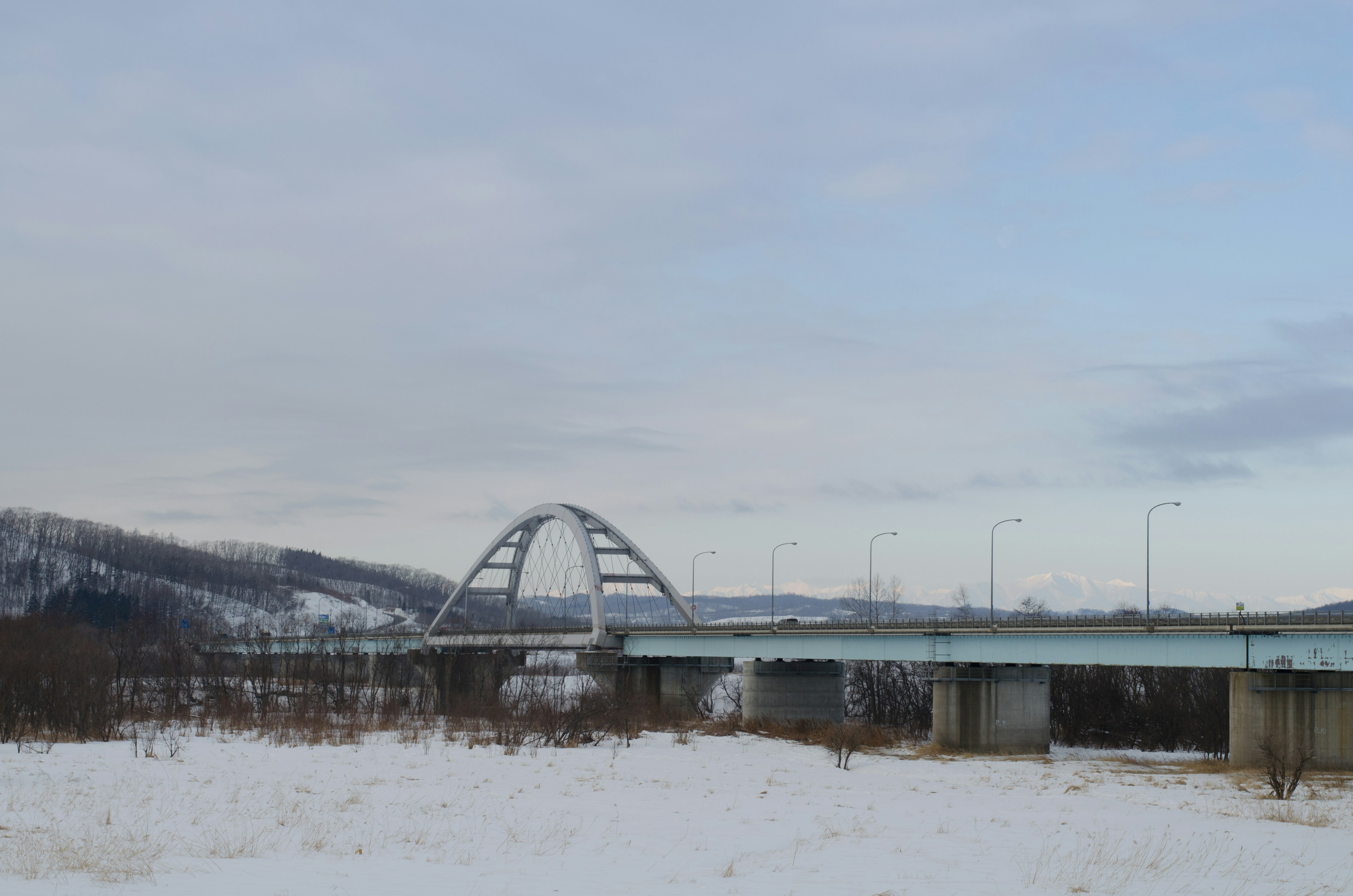 Pont en arc et pont surélevé dans un paysage enneigé