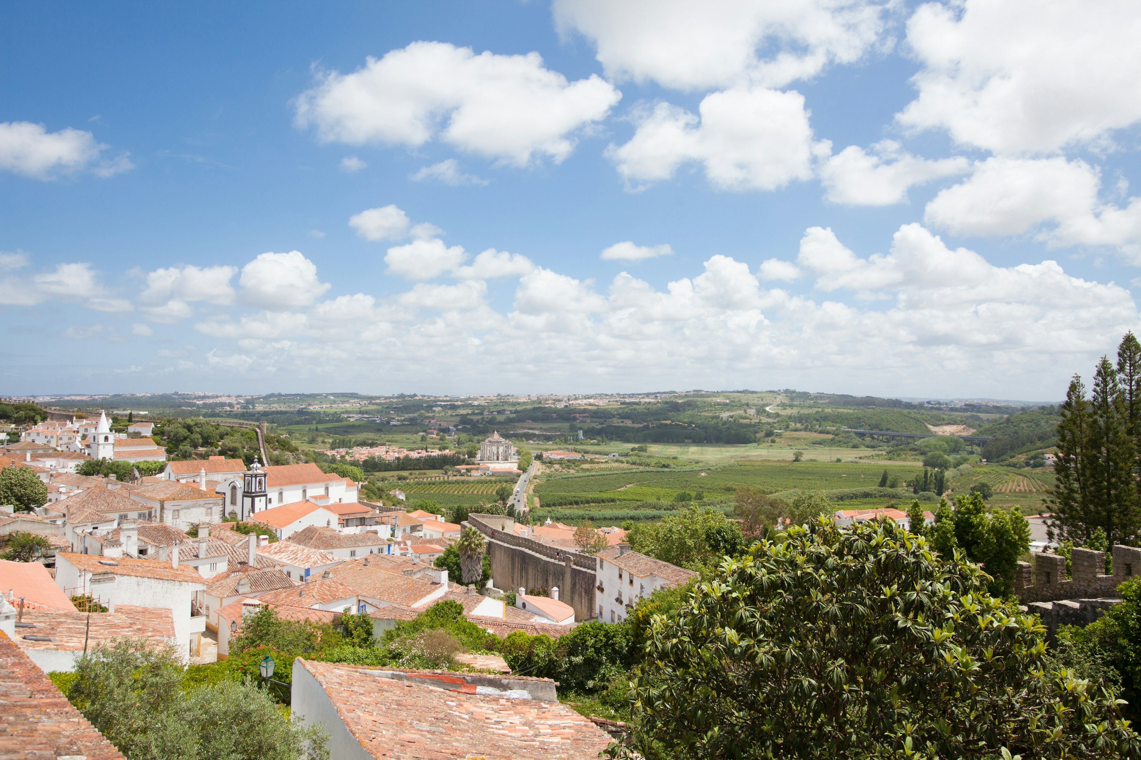 Vue pittoresque d'une ville avec des toits et des collines verdoyantes